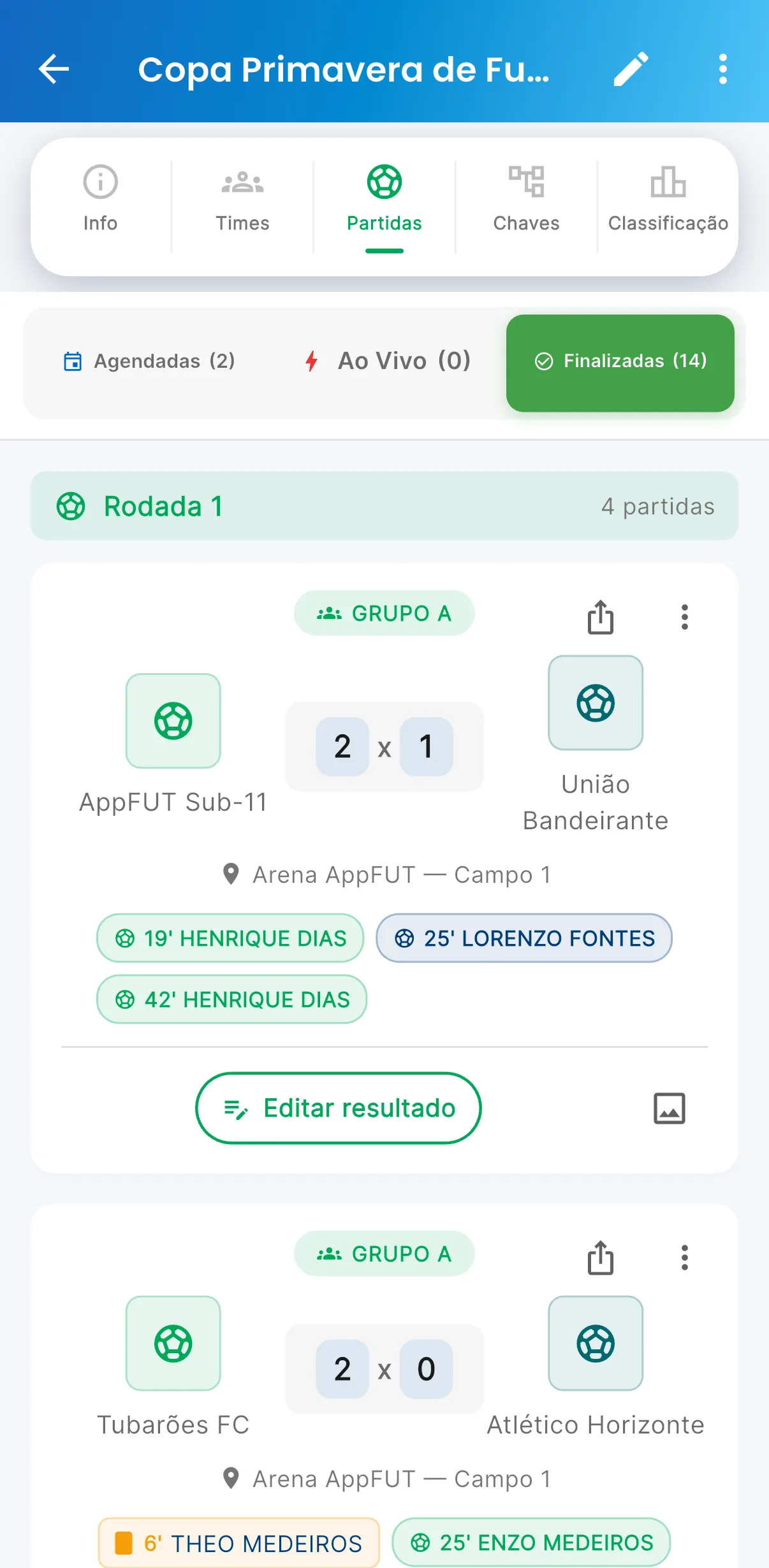 Partidas — Jogos por rodada, com placar (print do AppFUT)