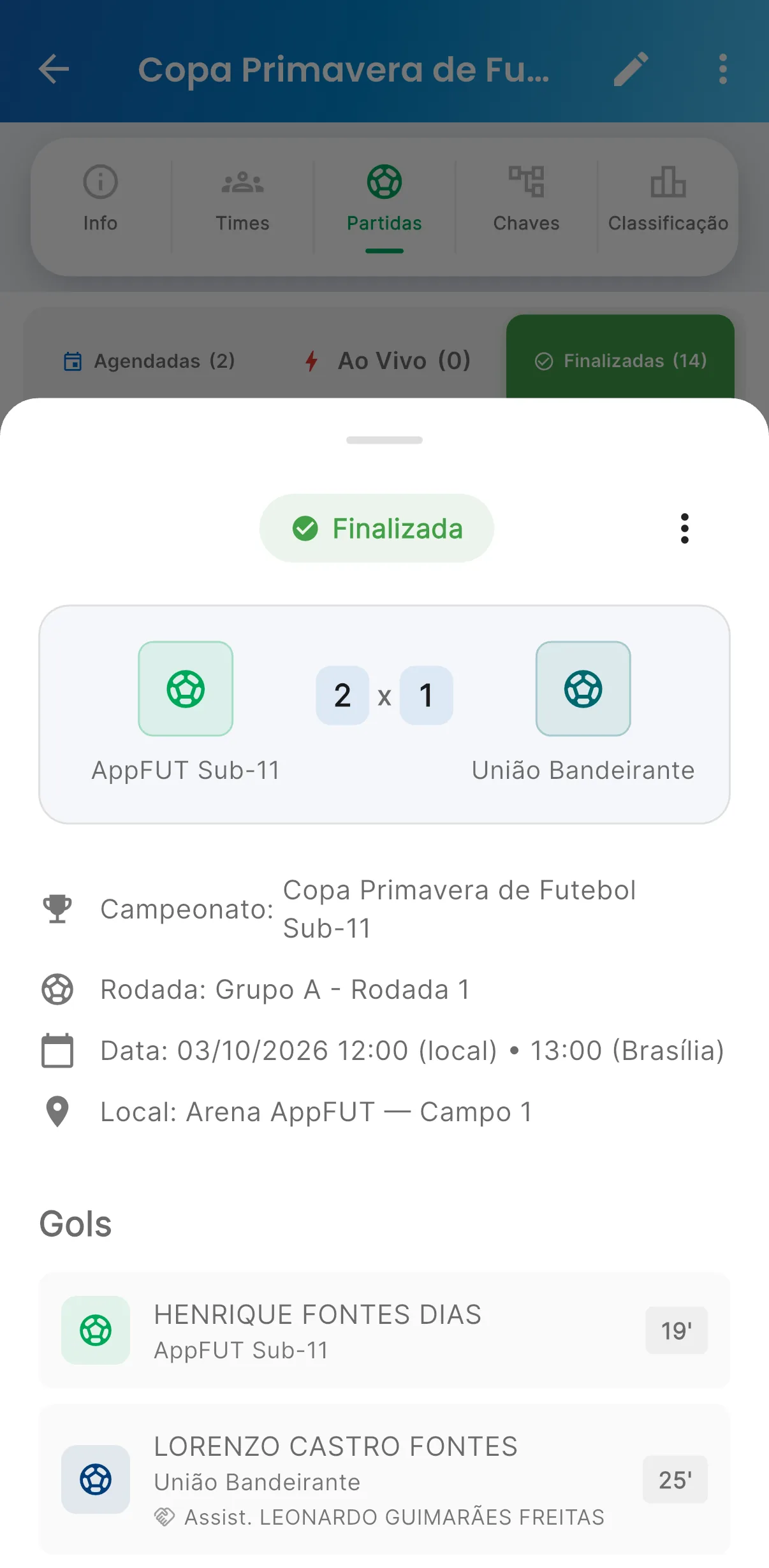 Súmula da partida — Gols, cartões e o resultado (print do AppFUT)