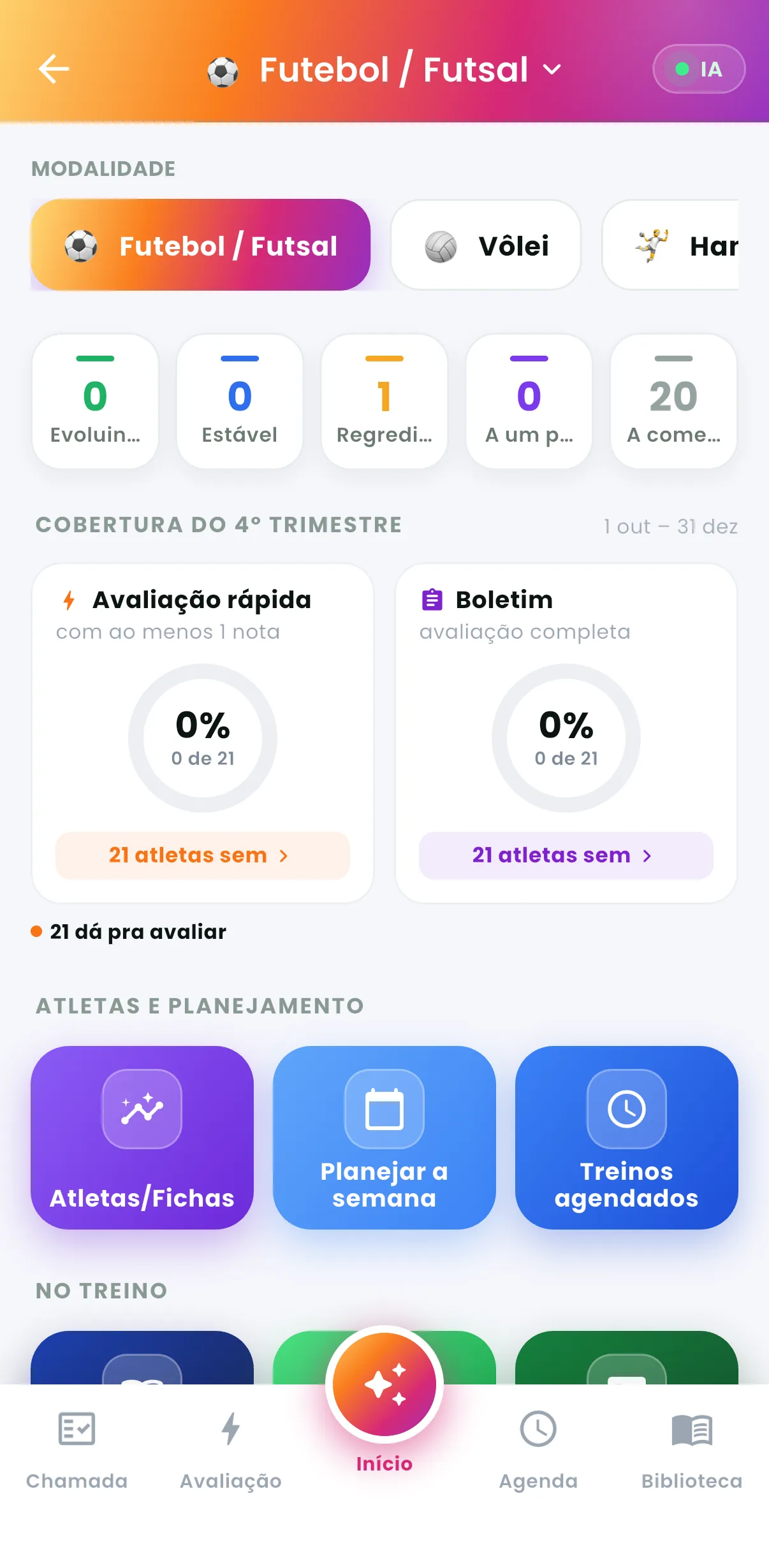 IA do Treinador — Painel do professor: evolução, avaliações e planejamento (print do AppFUT)