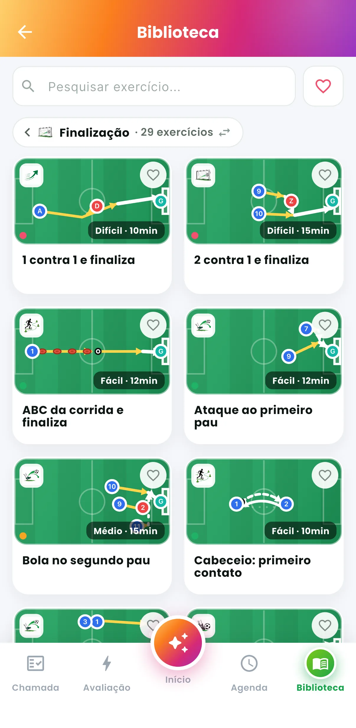 Biblioteca: finalização — Exercícios do fundamento, com duração e nível (print do AppFUT)