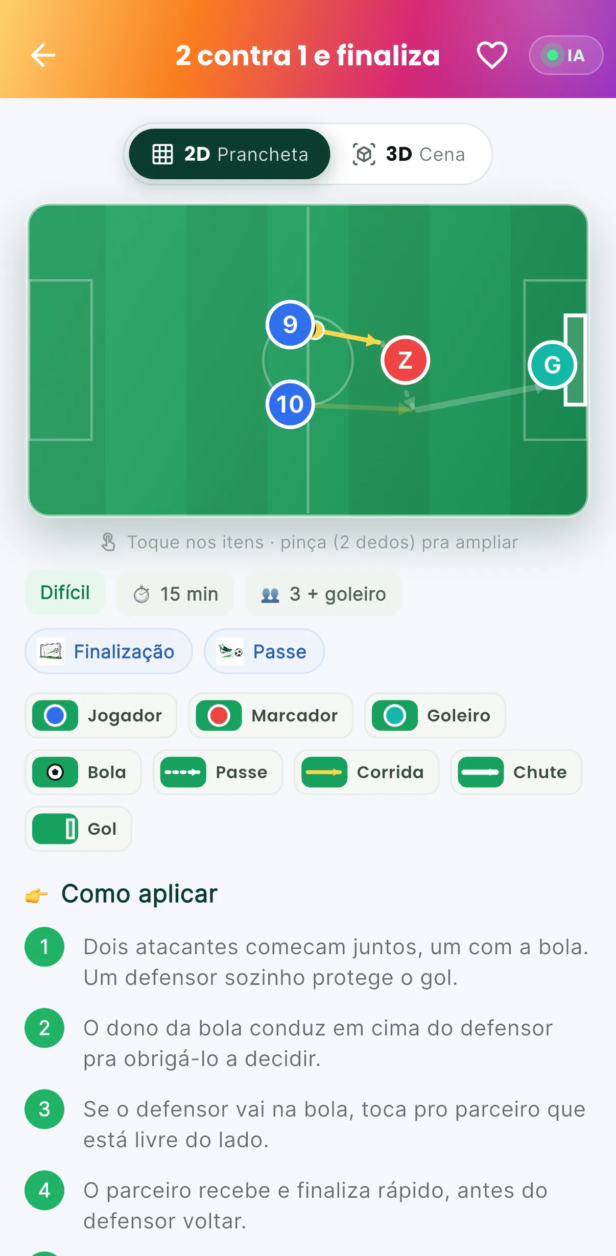 Exercício em 2D — A prancheta, passo a passo (print do AppFUT)