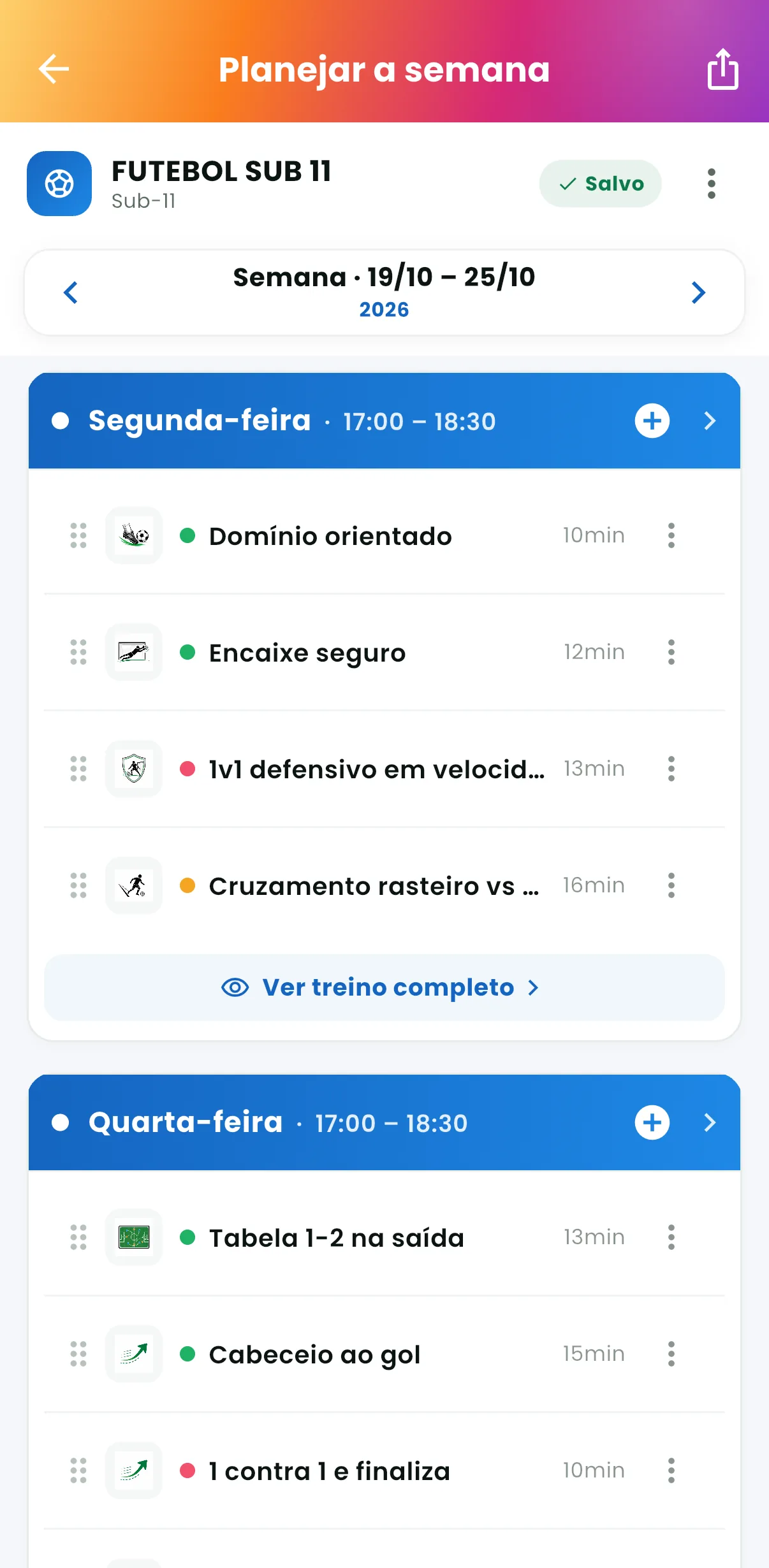 Planejar a semana — O treino de cada dia da turma (print do AppFUT)