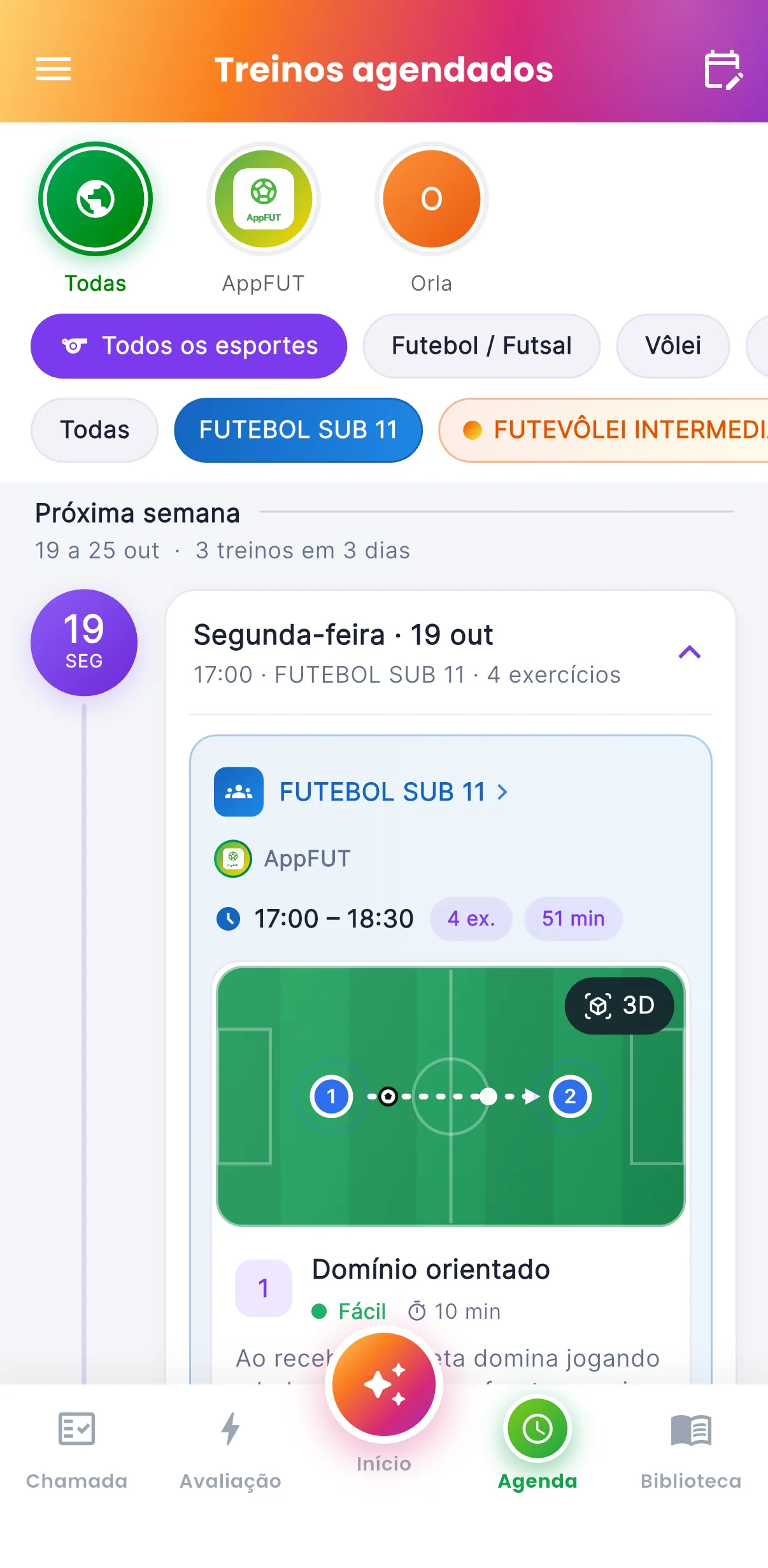 Treinos agendados — O que a turma vai treinar (print do AppFUT)