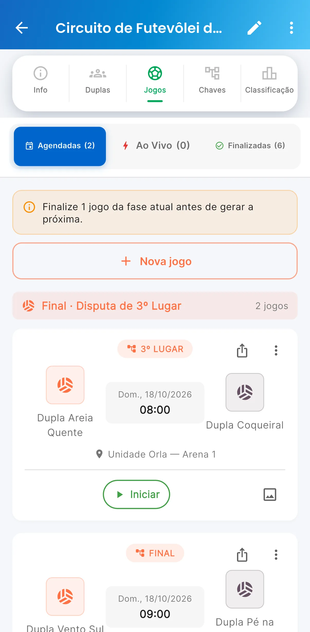 Final agendada — Data, horário e local do jogo (print do AppFUT)