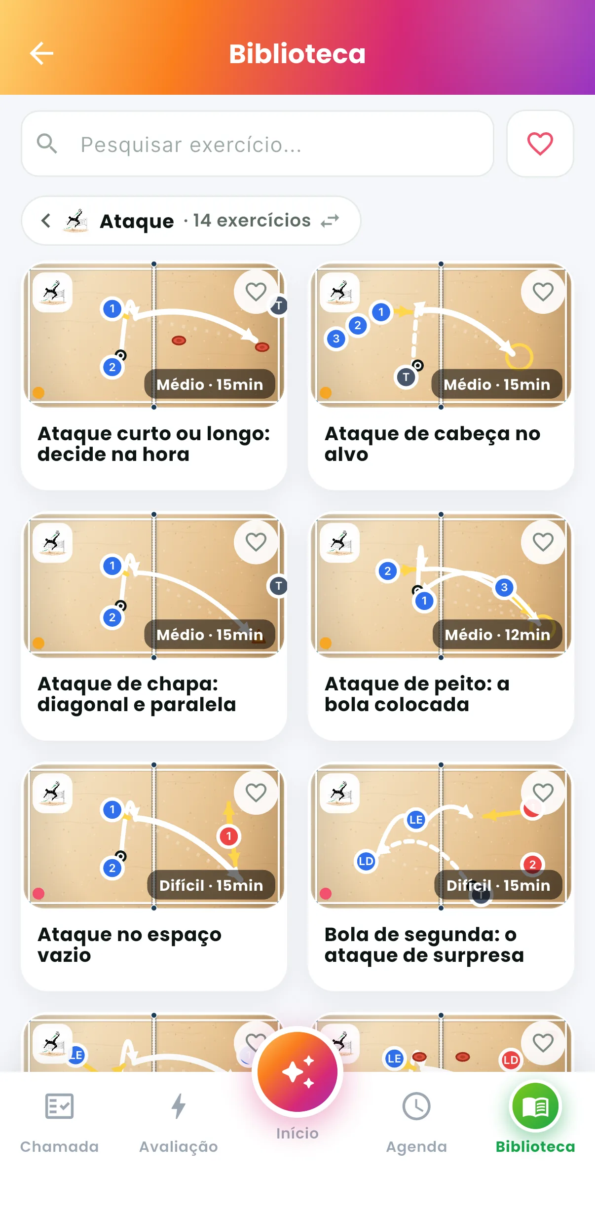 Biblioteca por fundamento — Lista de exercícios com duração e nível (print do AppFUT)