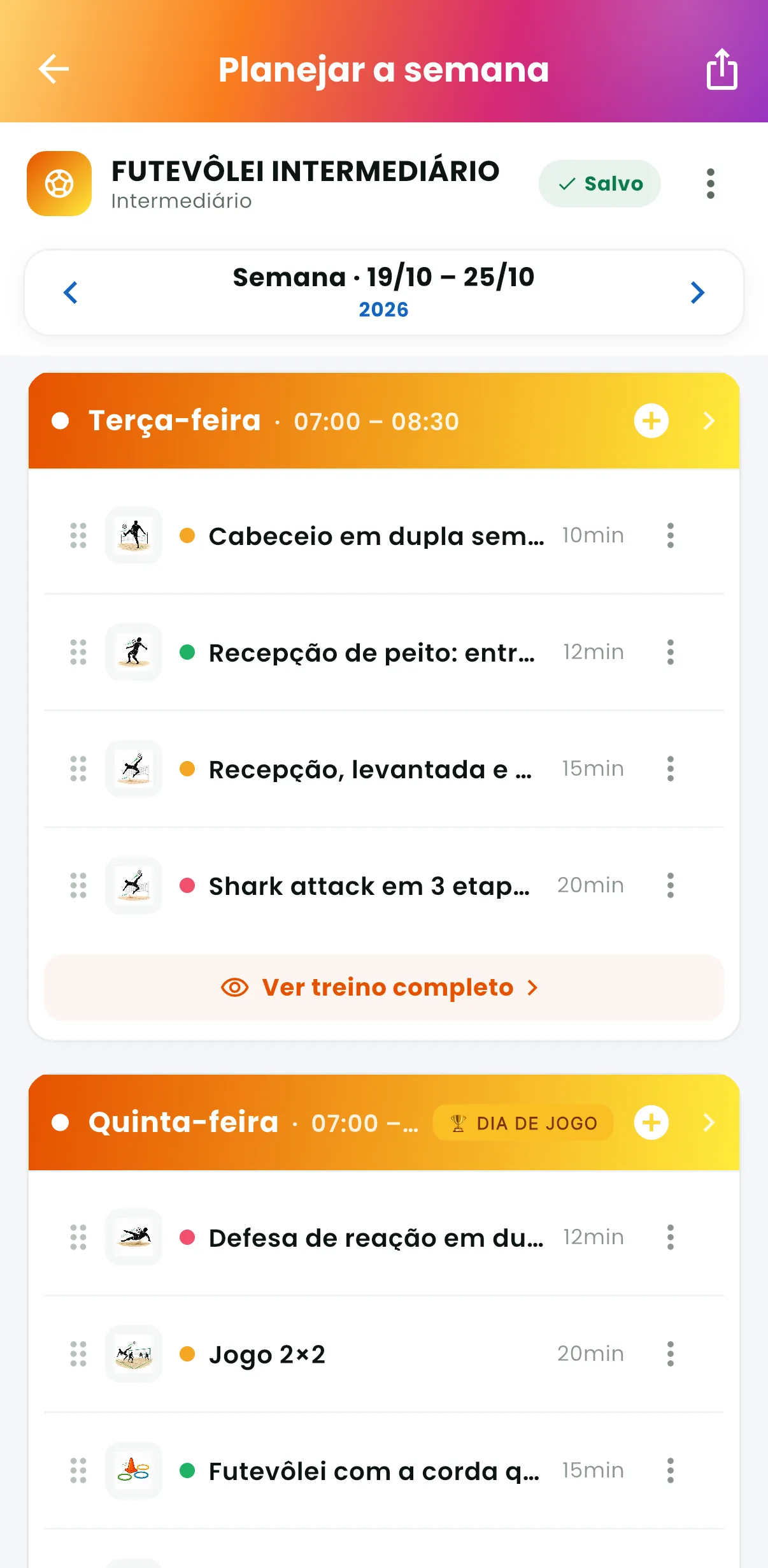 Planejar a semana — O treino de cada dia da turma (print do AppFUT)