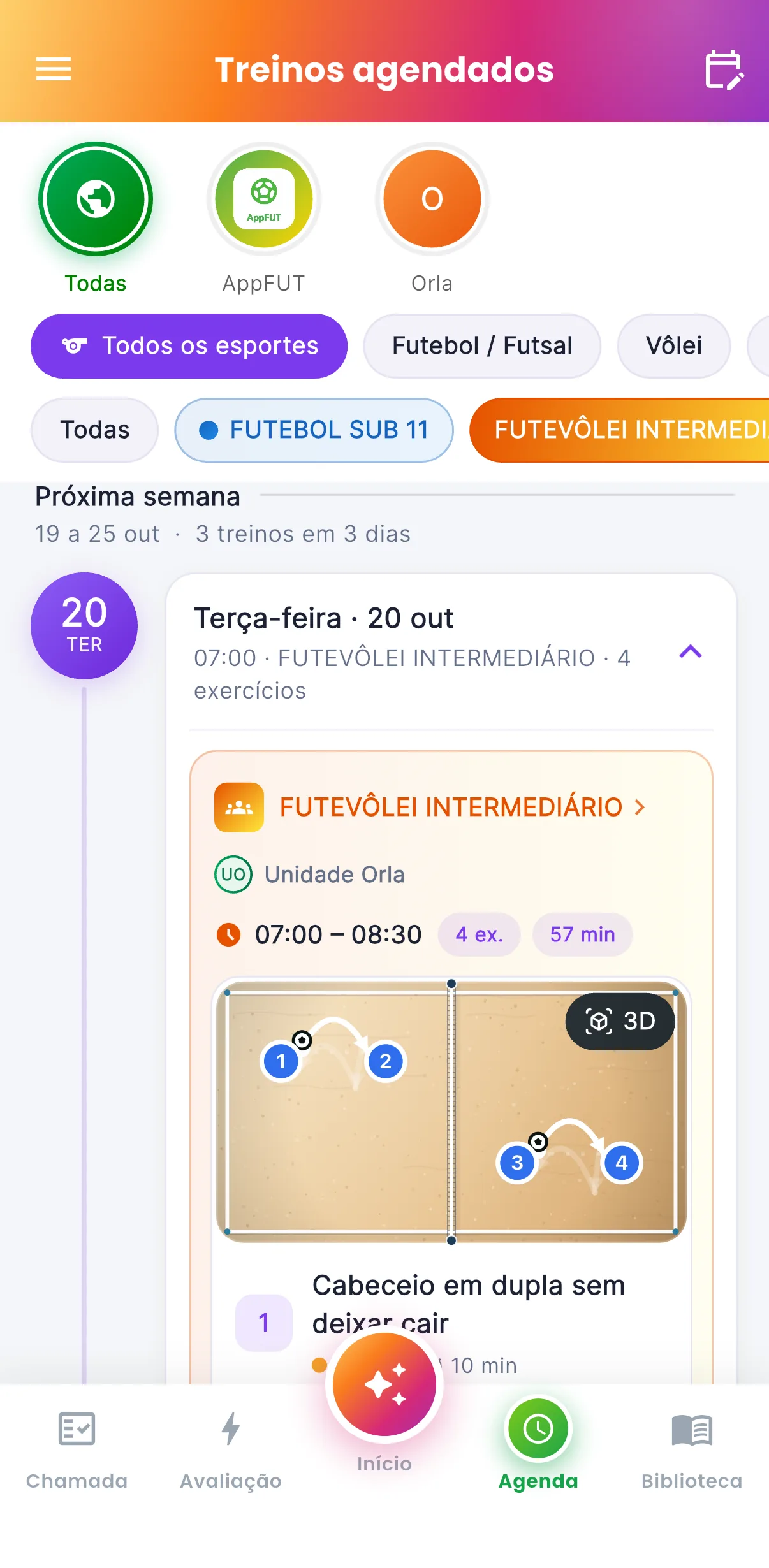 Treinos agendados — O que a turma vai treinar (print do AppFUT)
