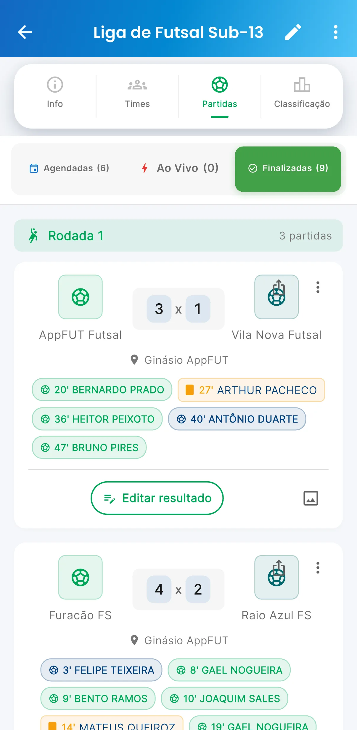 Partidas — Jogos por rodada, com placar (print do AppFUT)