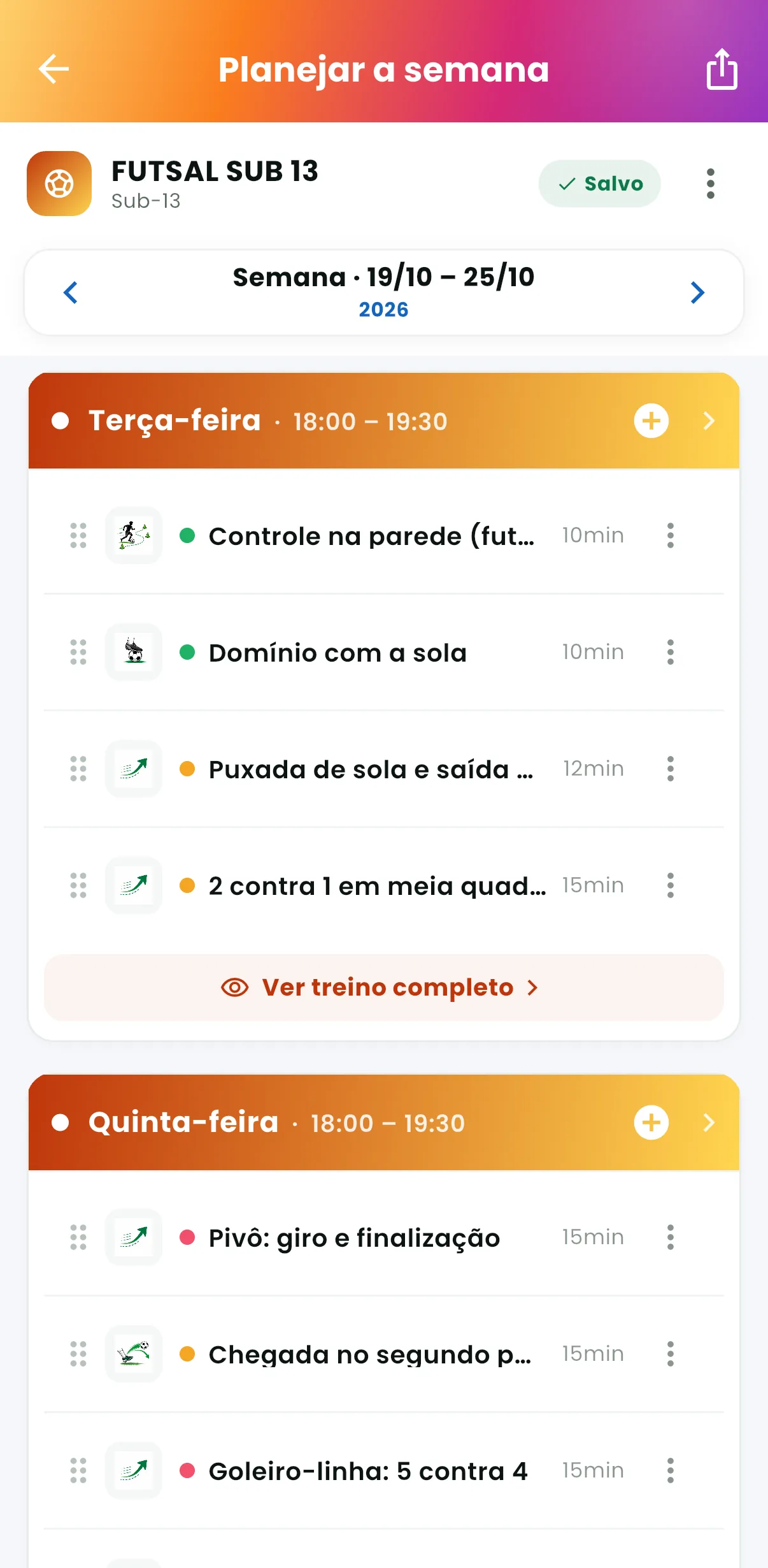 Planejar a semana — O treino de cada dia da turma (print do AppFUT)