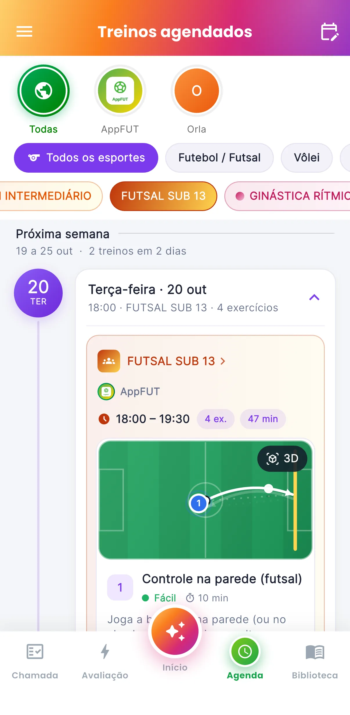 Treinos agendados — O que a turma vai treinar (print do AppFUT)