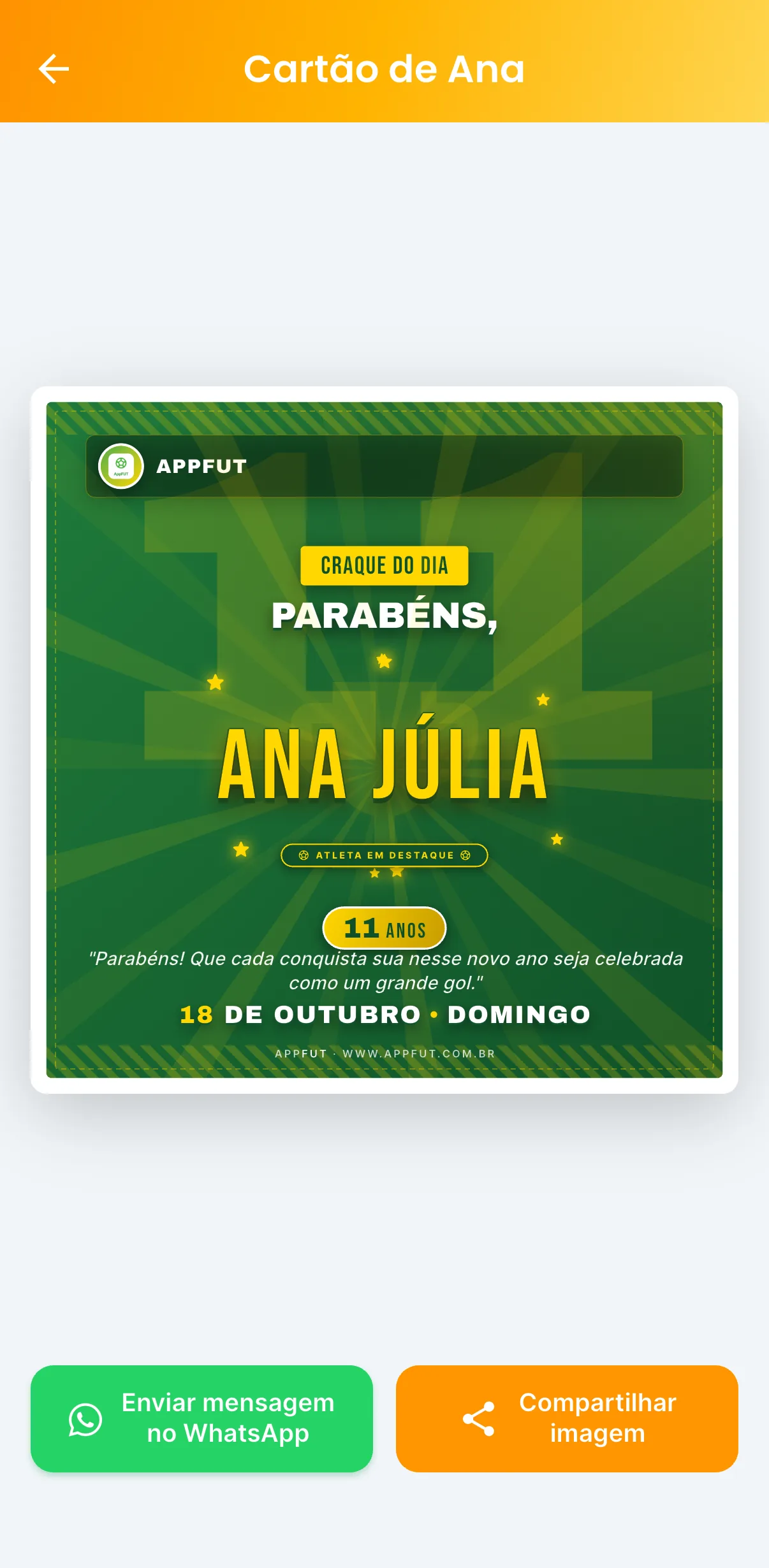 Cartão de aniversário — print do AppFUT