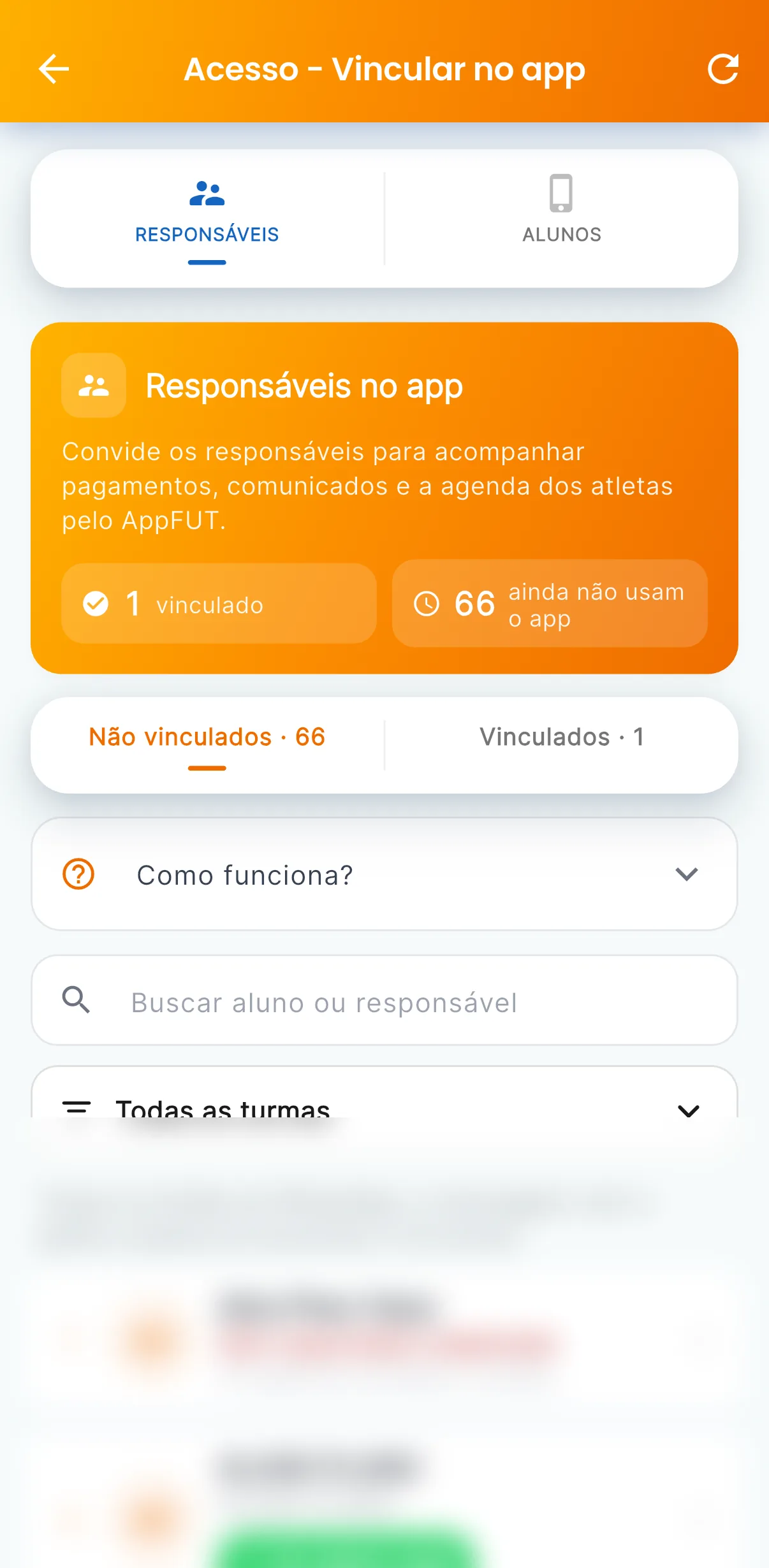 Acesso do responsável — Convite pelo WhatsApp para acompanhar pagamentos, comunicados e agenda (print do AppFUT)
