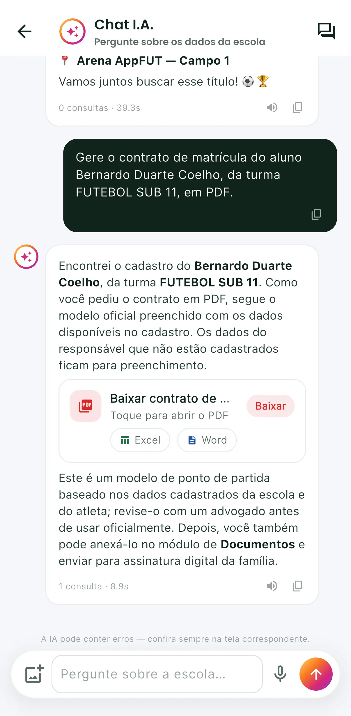 Assistente de IA gera documentos — print do AppFUT