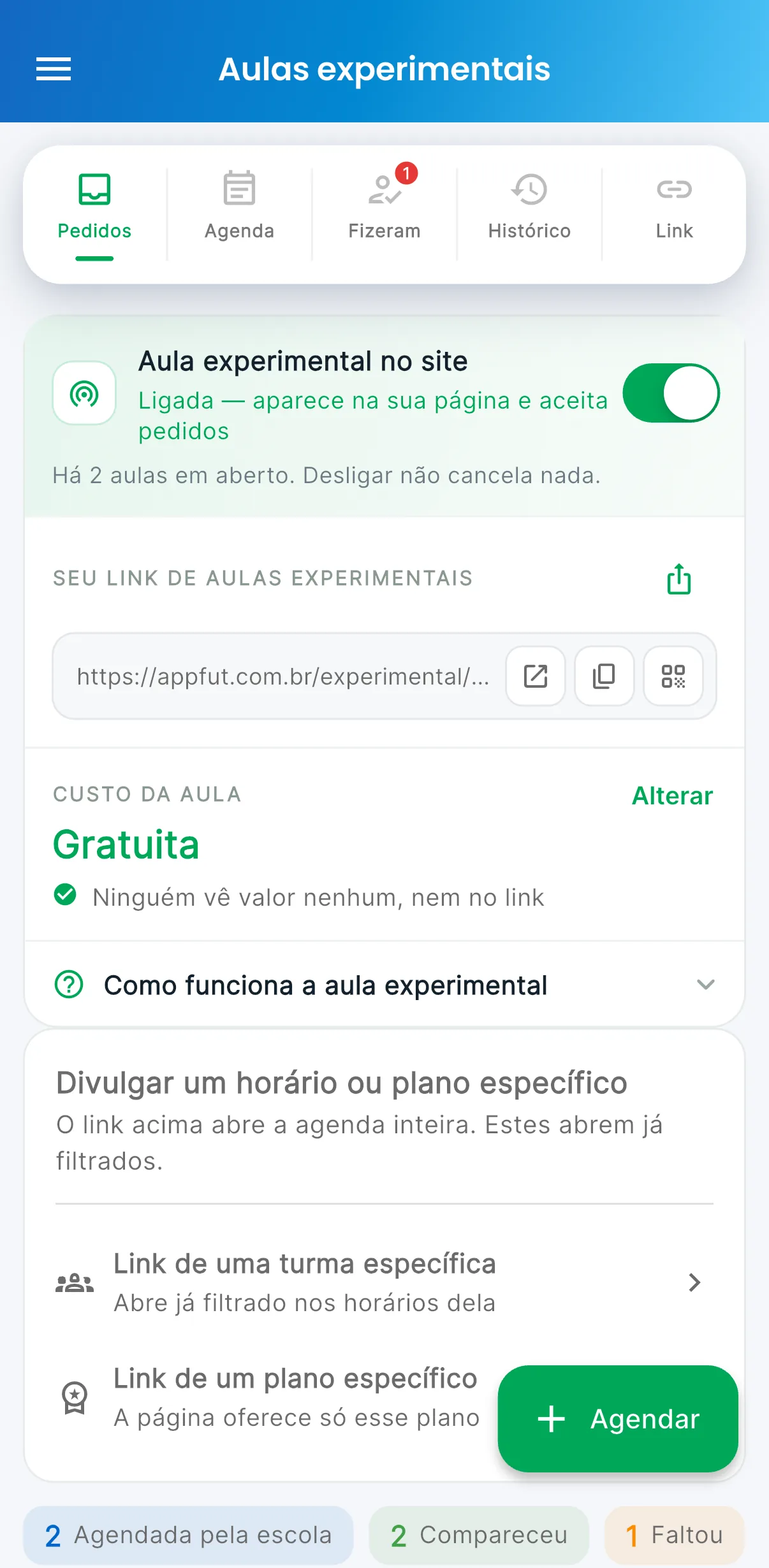 Aula experimental — Link para divulgar, custo da aula e resumo de quem veio (print do AppFUT)