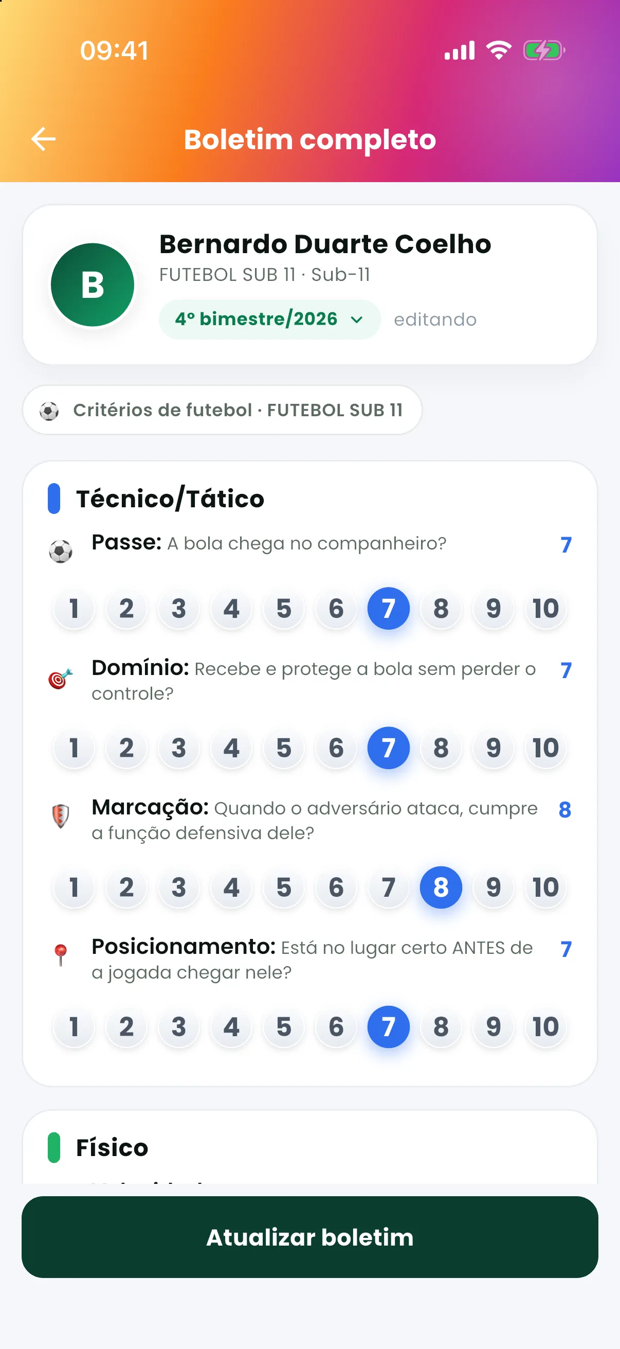 Boletim do trimestre — print do AppFUT