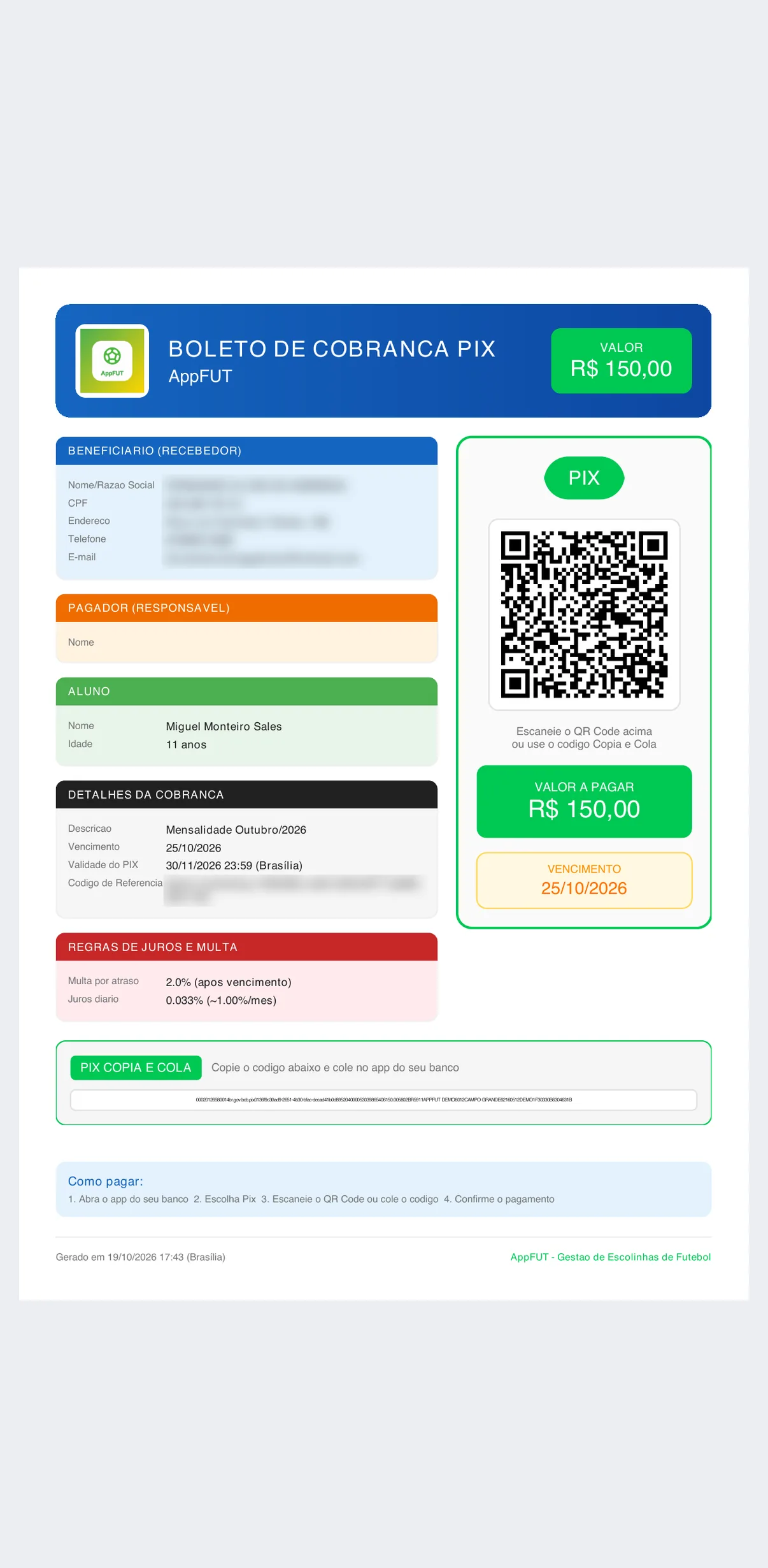 Boleto PIX em PDF — QR Code, valor, vencimento, multa e juros (print do AppFUT)