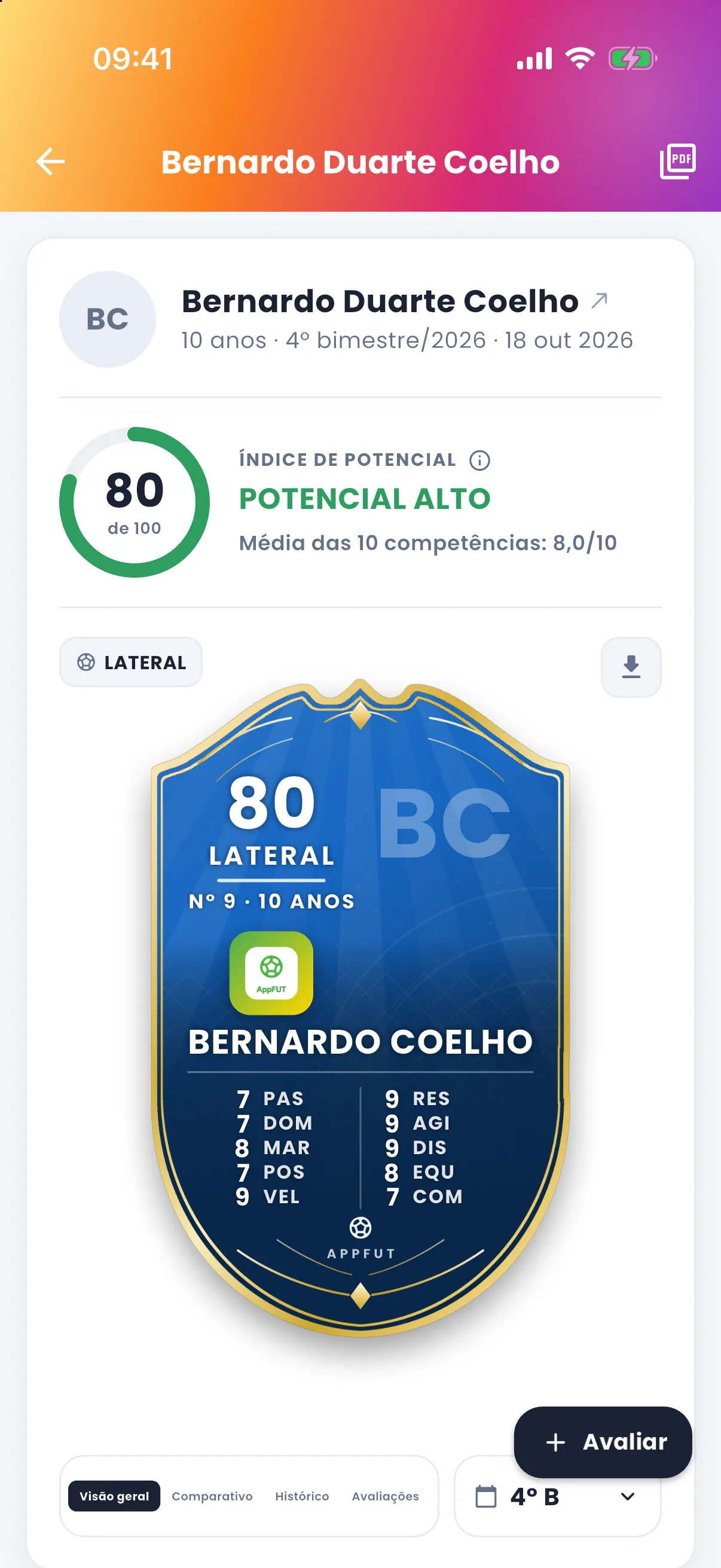 Carta do atleta — O escudo com a nota geral, o brasão e as 10 competências (print do AppFUT)