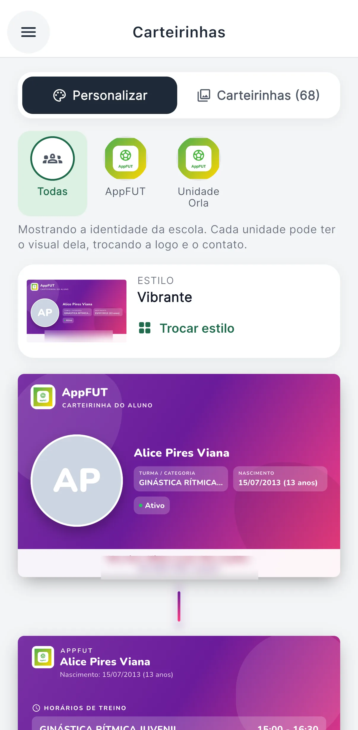 Carteirinha digital — Com a identidade visual da escola (print do AppFUT)