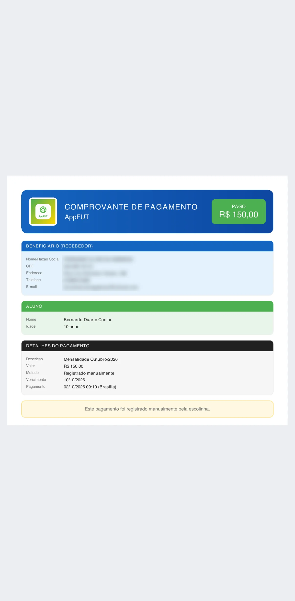 Comprovante — print do AppFUT