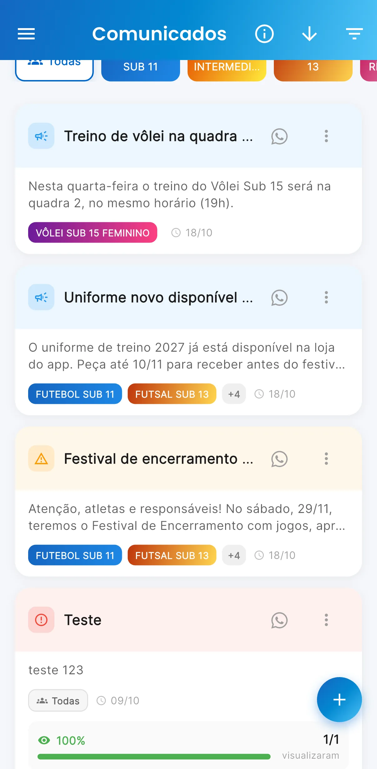 Comunicados — Por turma, com prioridade e envio por WhatsApp (print do AppFUT)