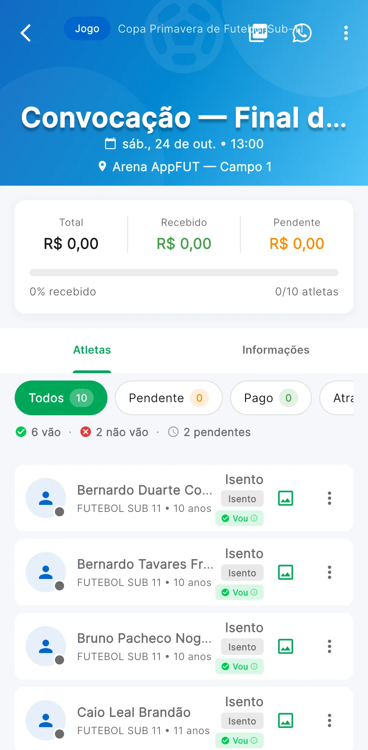 Convocações — Confirmação de presença: vão, não vão e pendentes (print do AppFUT)
