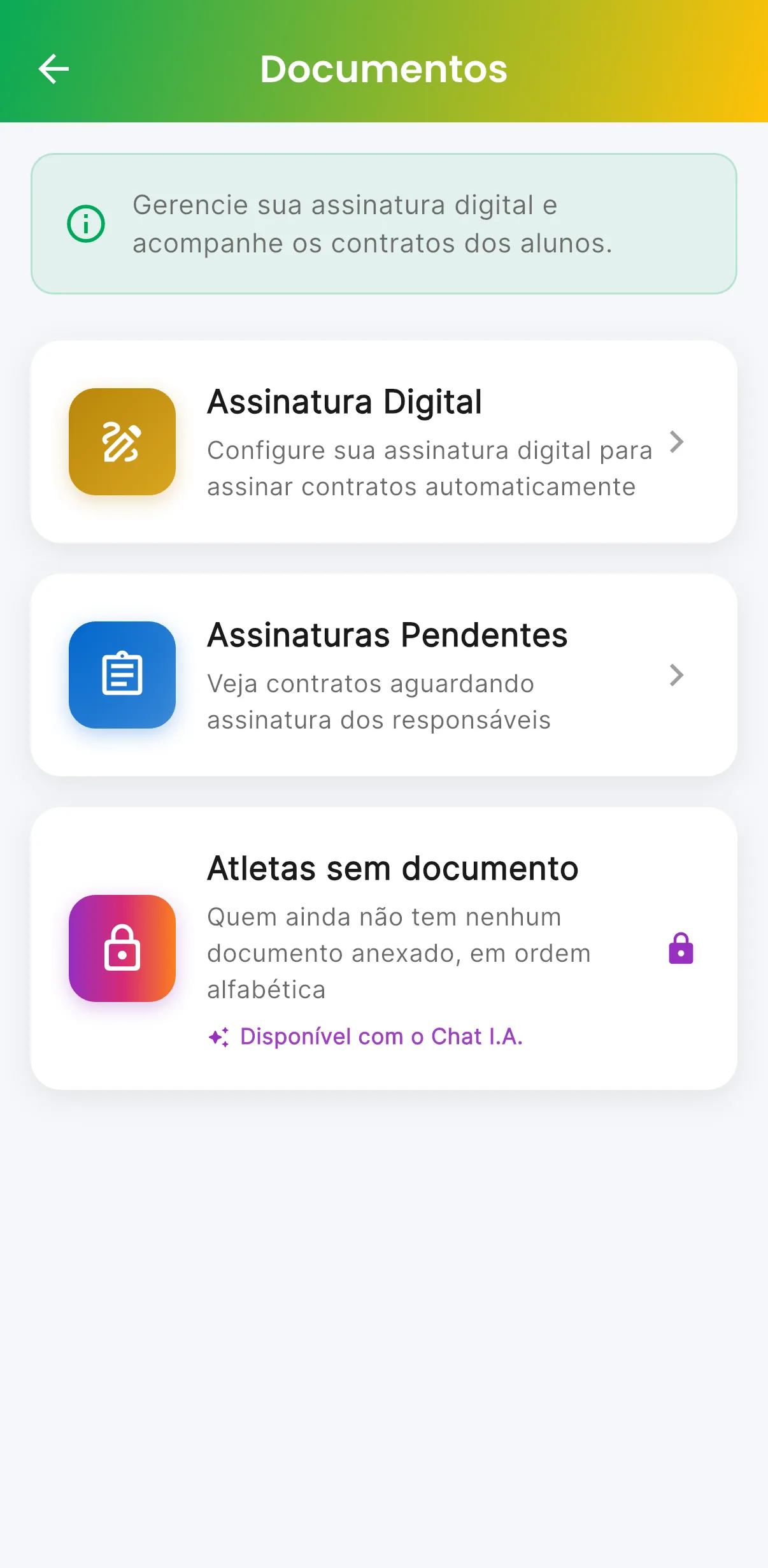 Documentos e contratos — Assinatura digital e quem ainda falta assinar (print do AppFUT)