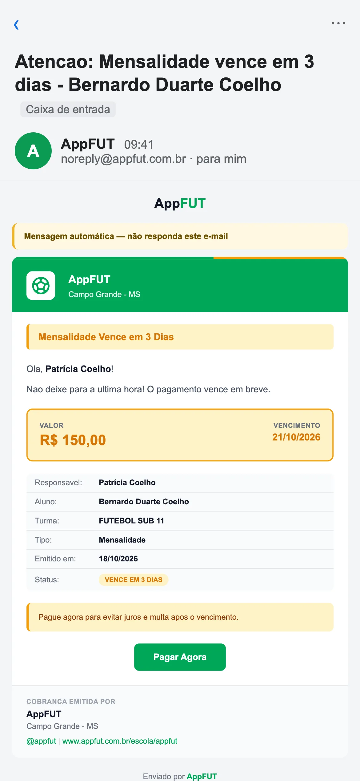 E-mail automático — print do AppFUT