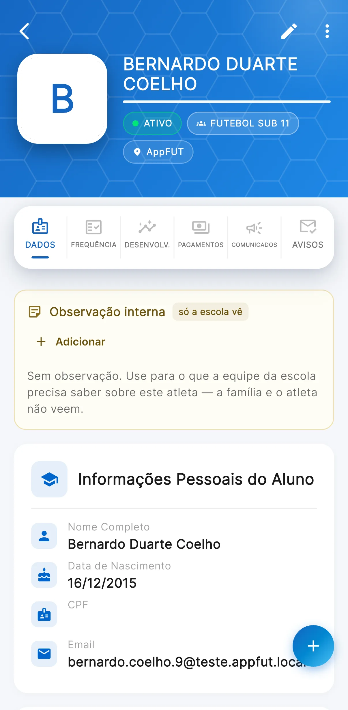 Ficha do atleta — Dados, frequência, desenvolvimento e pagamentos (print do AppFUT)