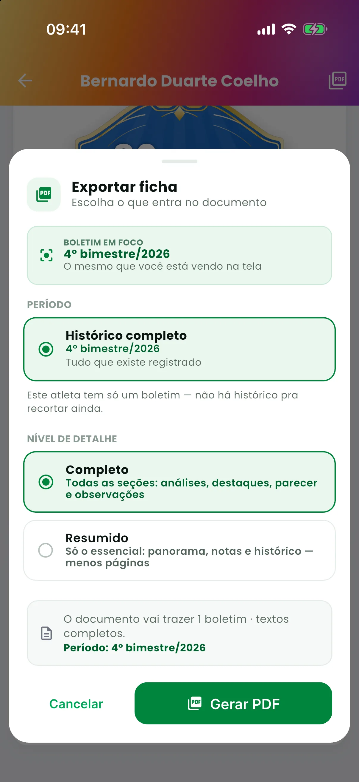 Exportar a ficha — Visualizar ou compartilhar no WhatsApp (print do AppFUT)
