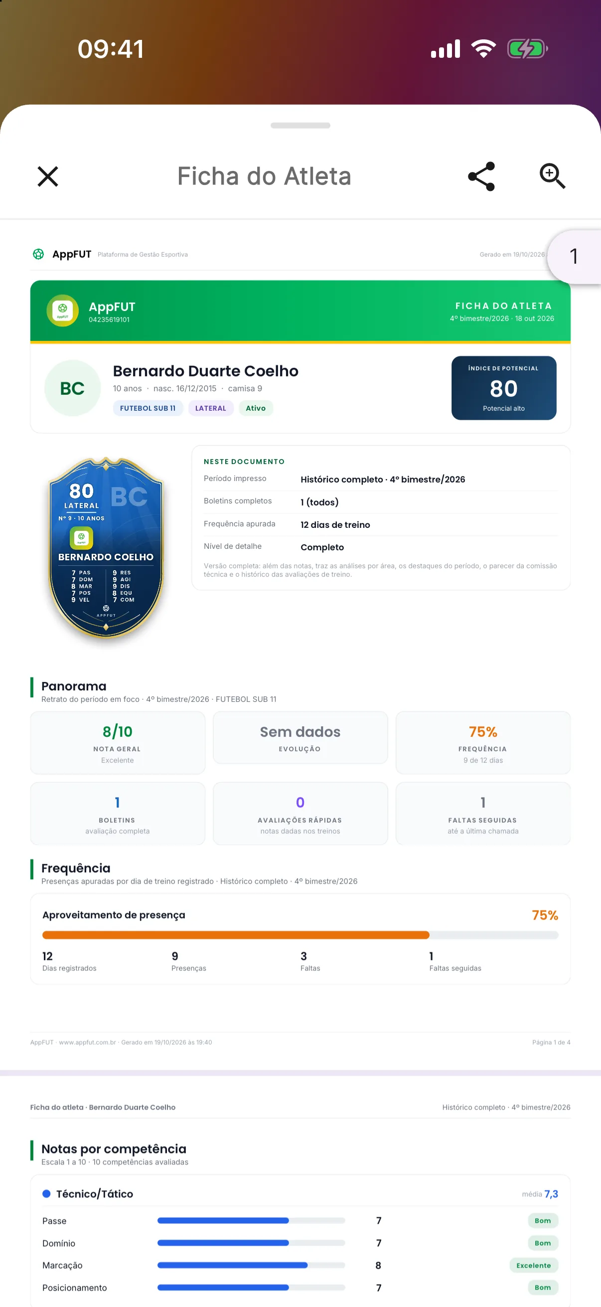 Ficha em PDF — Carta, índice, frequência e as notas por competência (print do AppFUT)