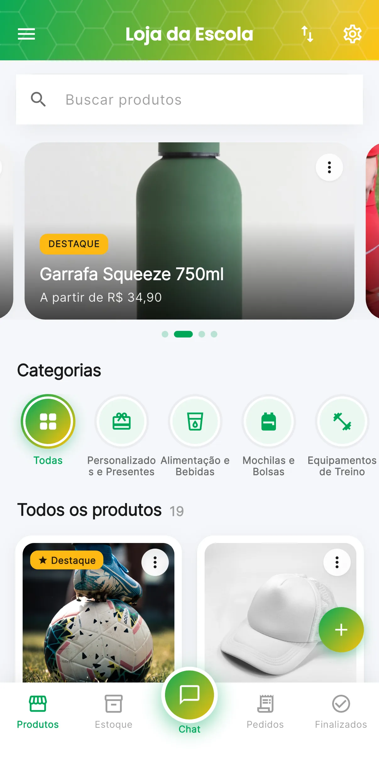 Loja da escola — Produtos, categorias, estoque e pedidos (print do AppFUT)