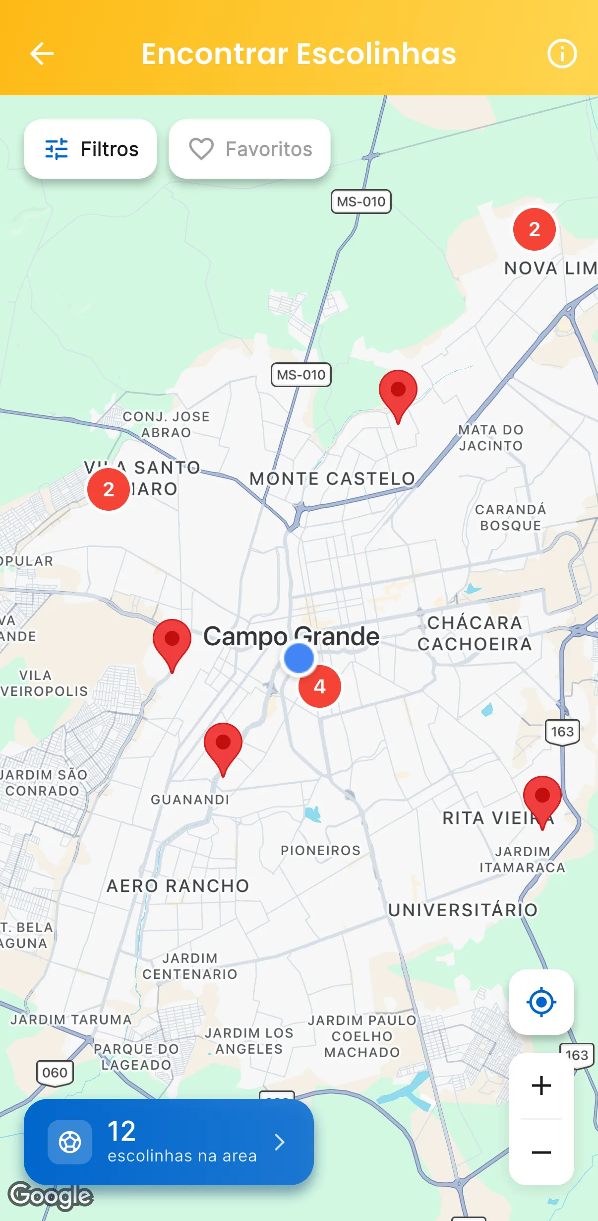 Mapa de escolinhas — Quem procura onde treinar encontra a escola (print do AppFUT)