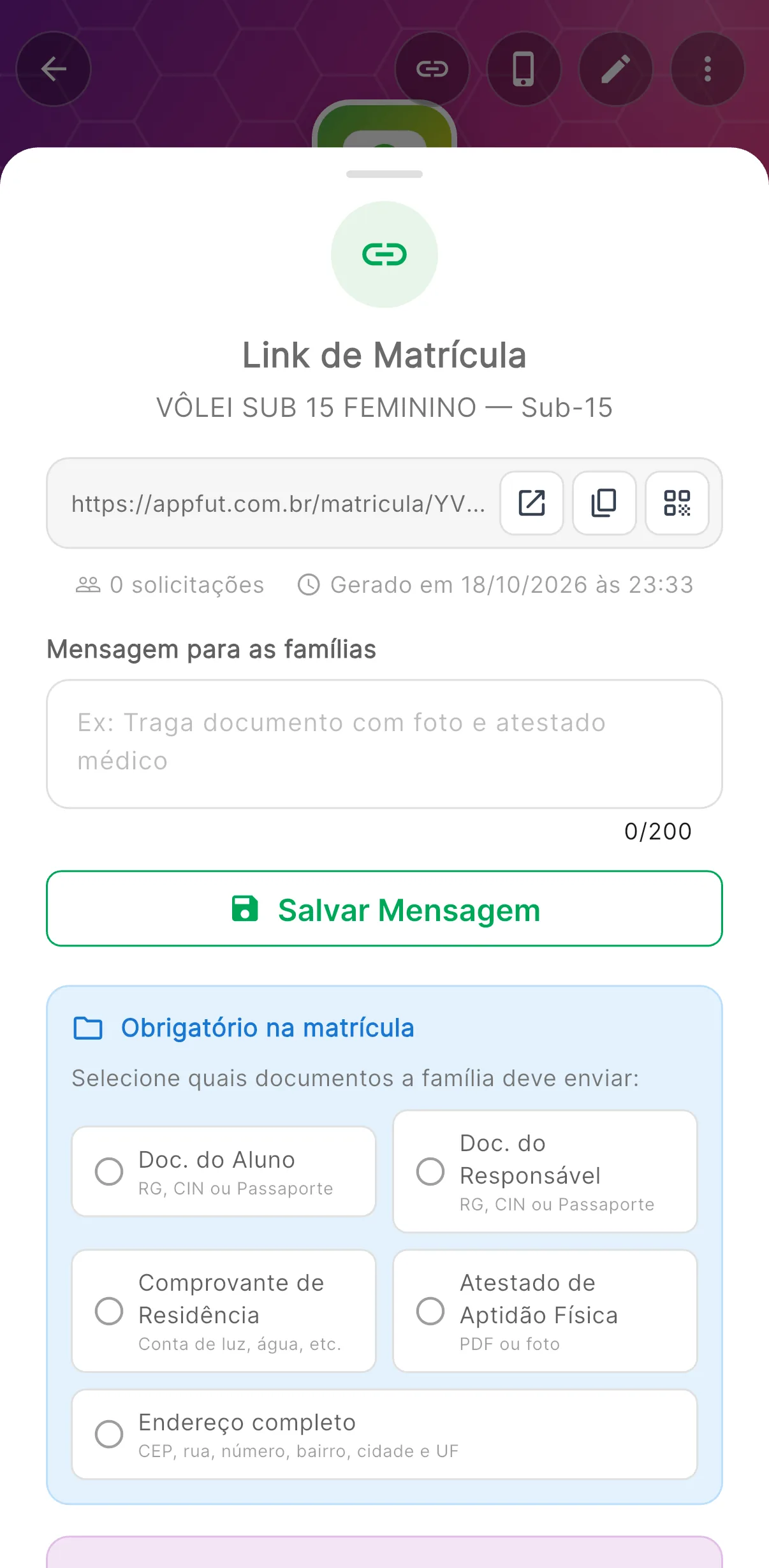 Matrícula por link — Link da turma, mensagem pronta e documentos obrigatórios (print do AppFUT)