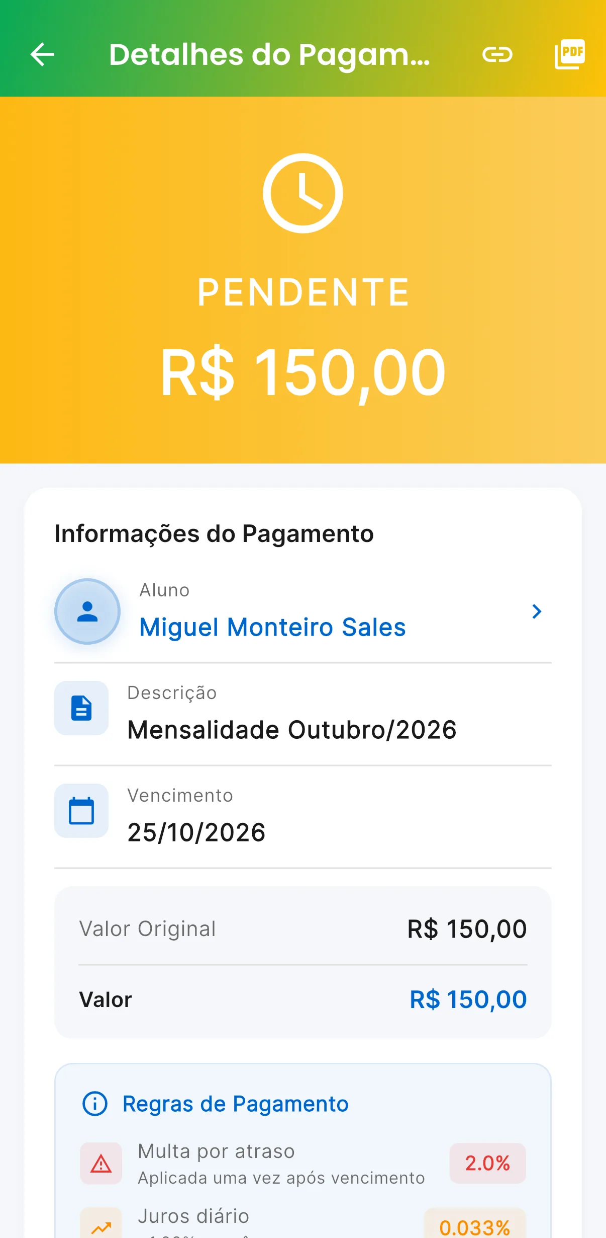 Cobrança da mensalidade — Valor, aluno e vencimento de cada cobrança (print do AppFUT)