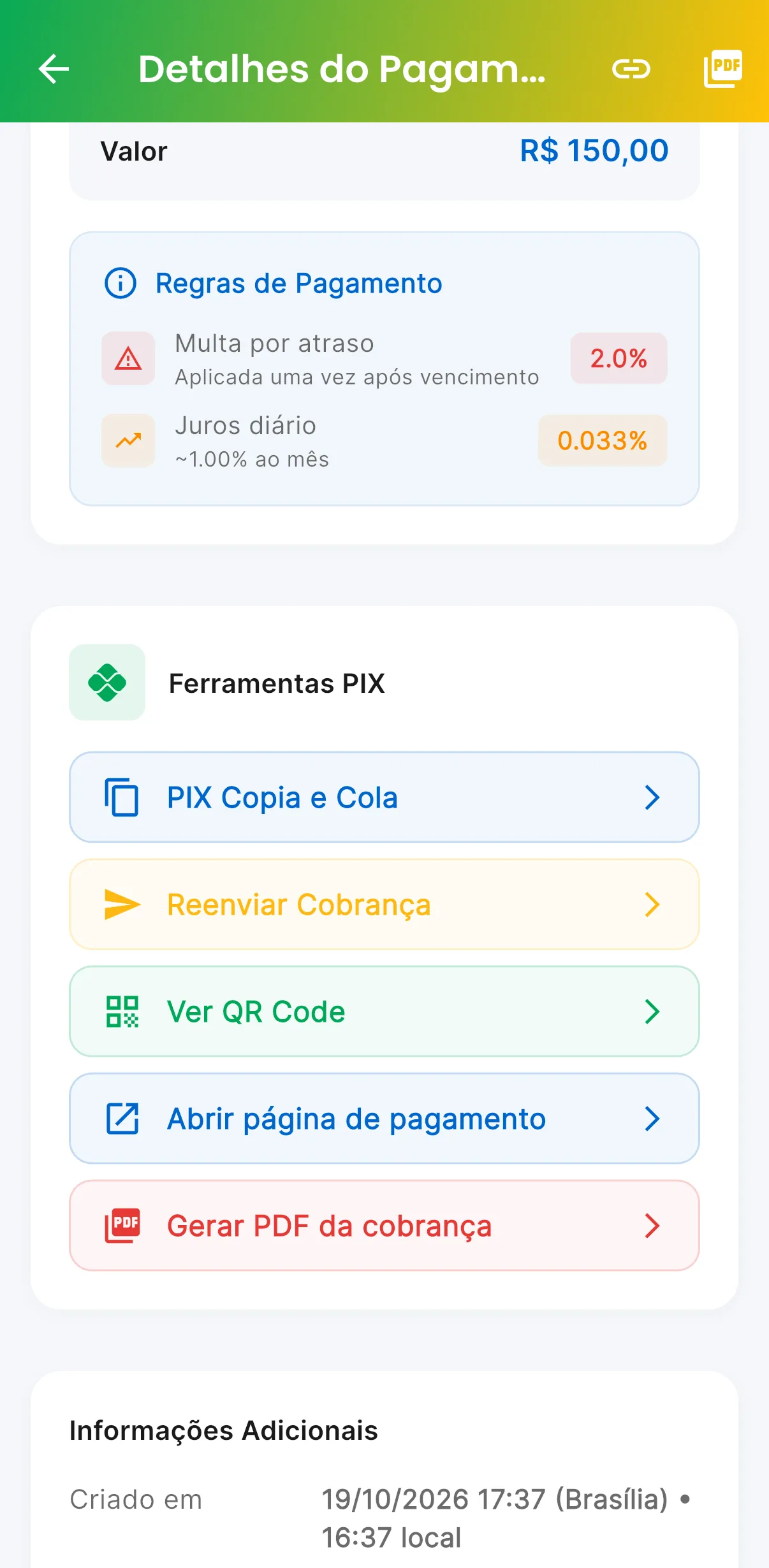 Ferramentas PIX — Copia e cola, reenvio, QR Code, link e PDF (print do AppFUT)