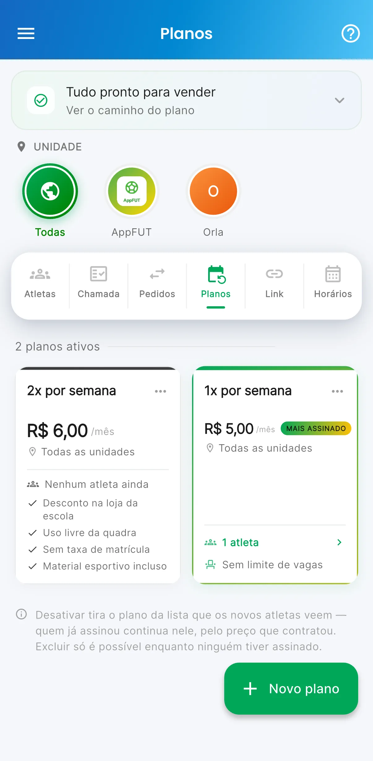 Planos por frequência — 1x ou 2x por semana, com preço e benefícios (print do AppFUT)