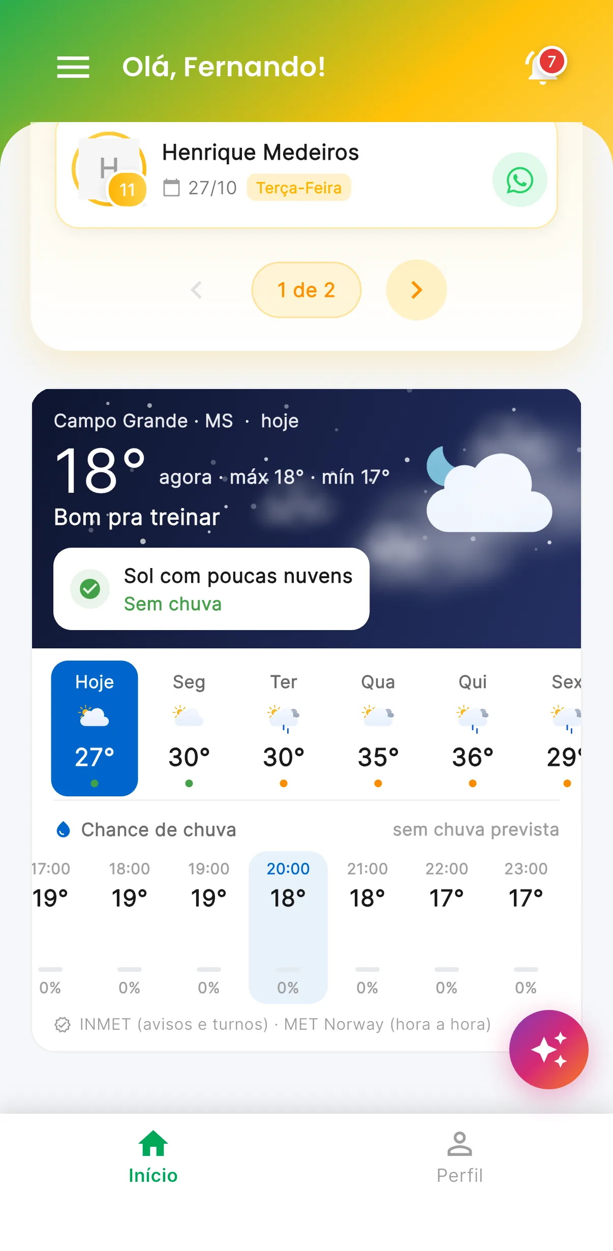 Previsão do tempo do treino — print do AppFUT