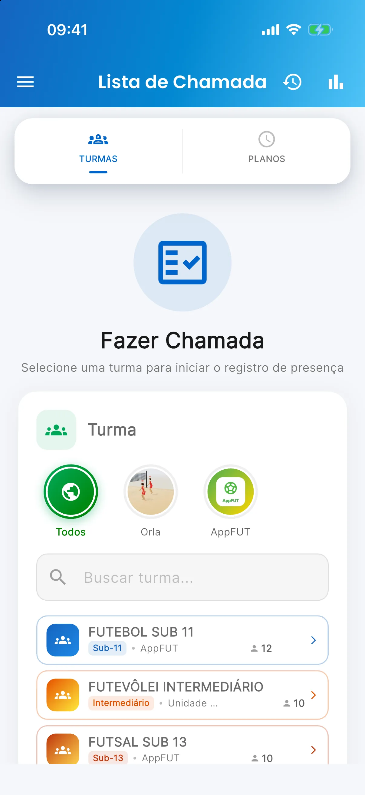 Chamada por local — Sede ou unidade antes da turma (print do AppFUT)