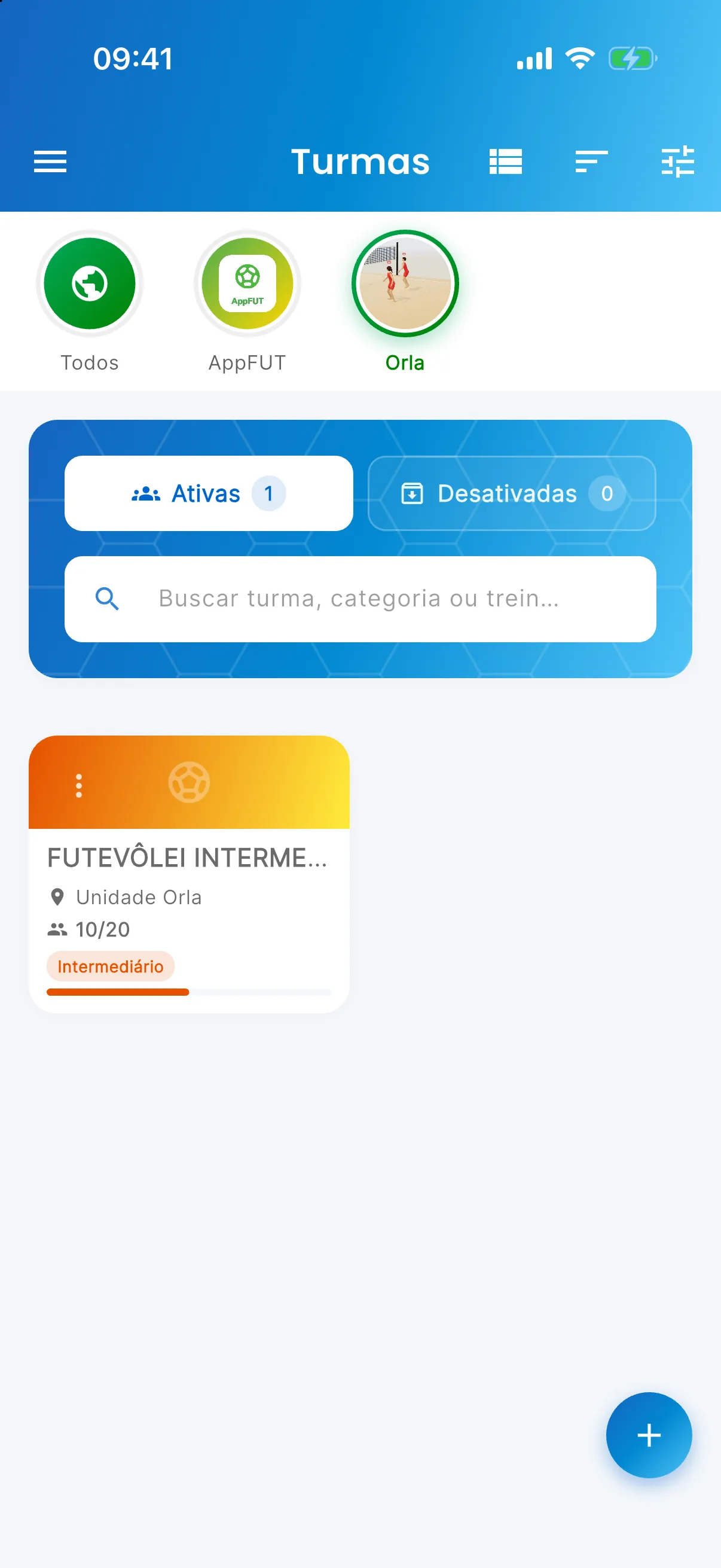 Filtro da unidade — Só as turmas da unidade escolhida (print do AppFUT)