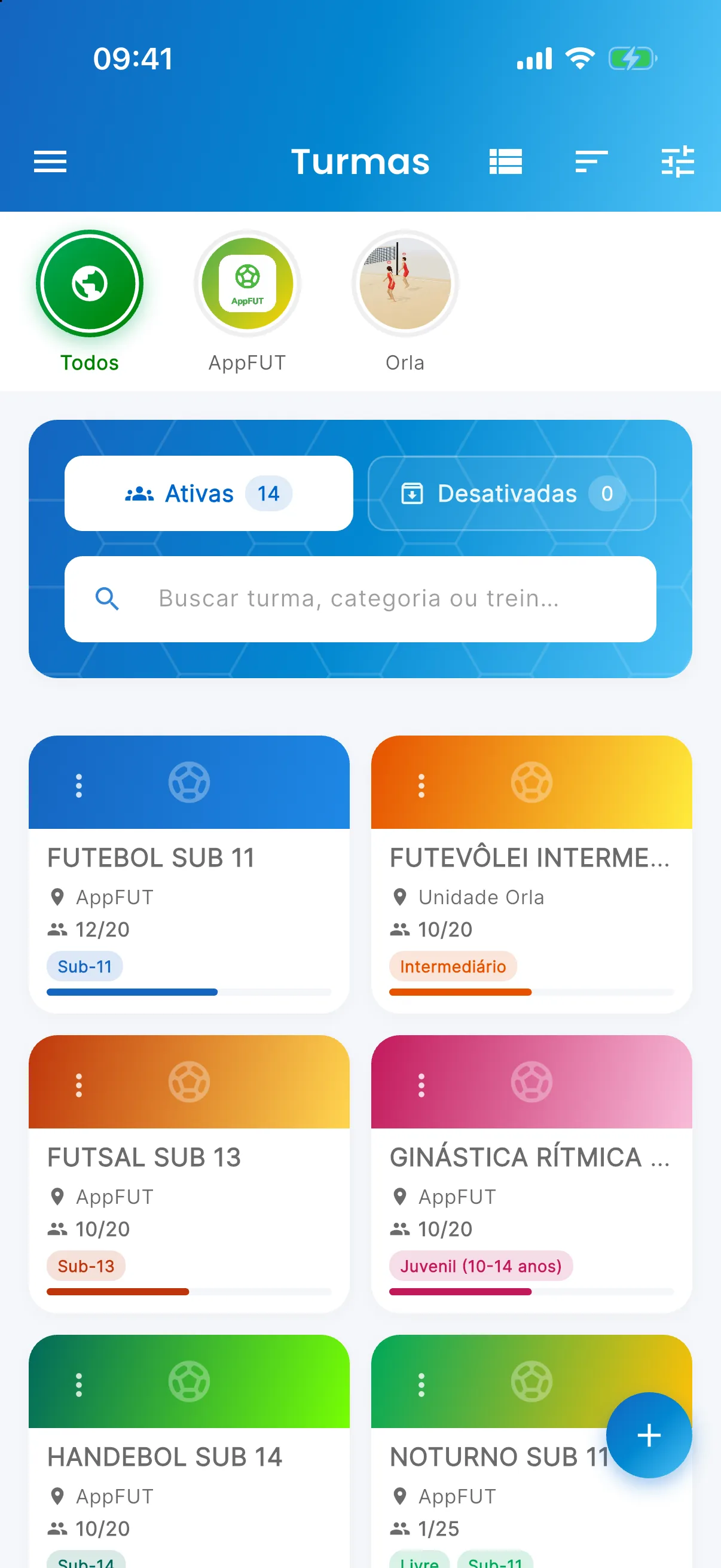 Turmas por local — As bolinhas da sede e de cada unidade (print do AppFUT)