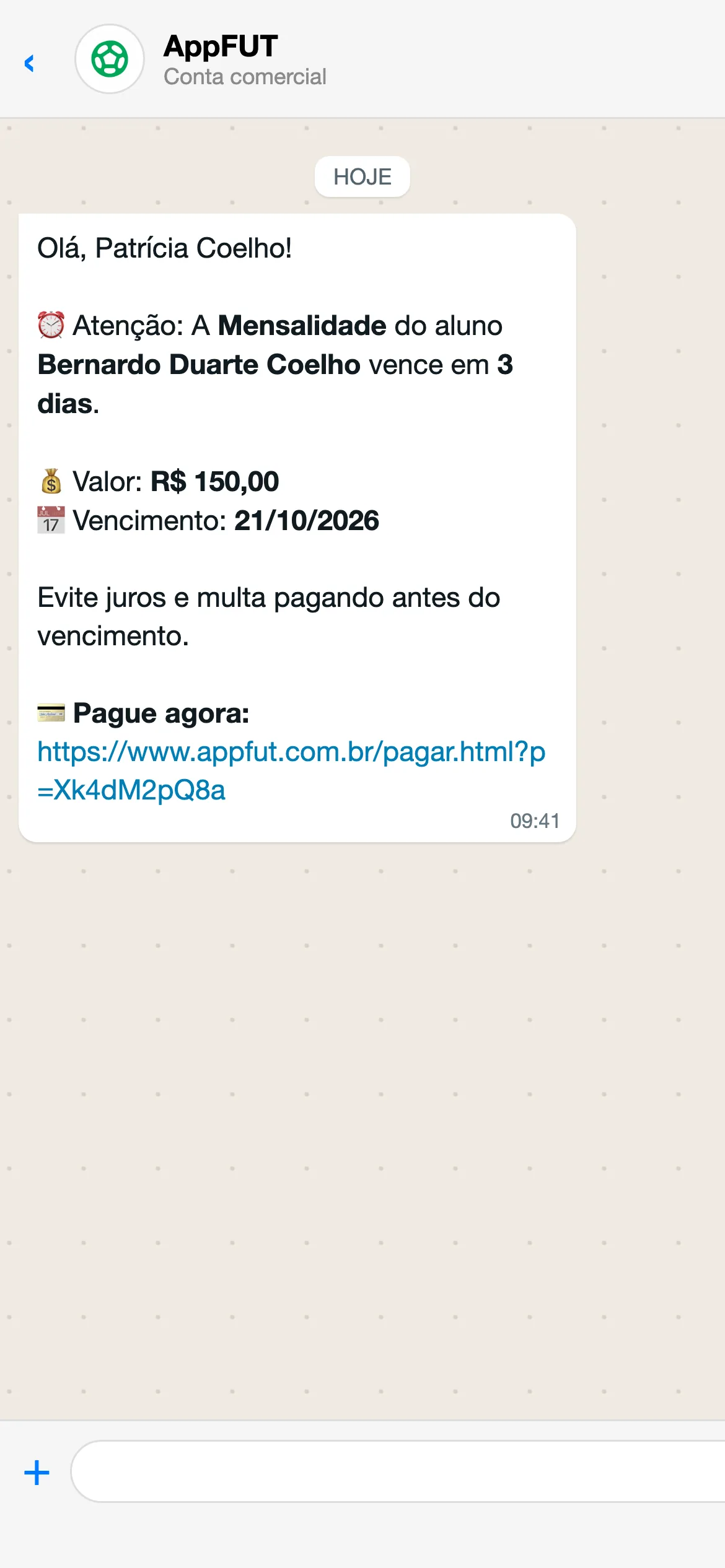 Cobrança no WhatsApp — print do AppFUT
