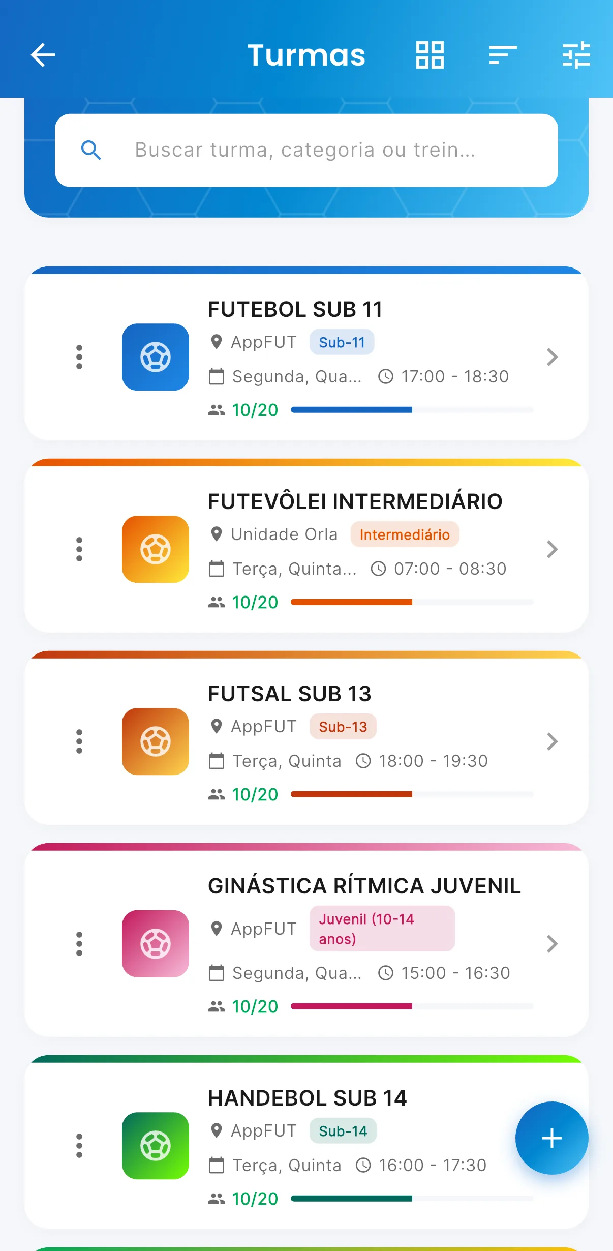 Turmas — Cada turma com as suas cores, horário, local e ocupação (print do AppFUT)