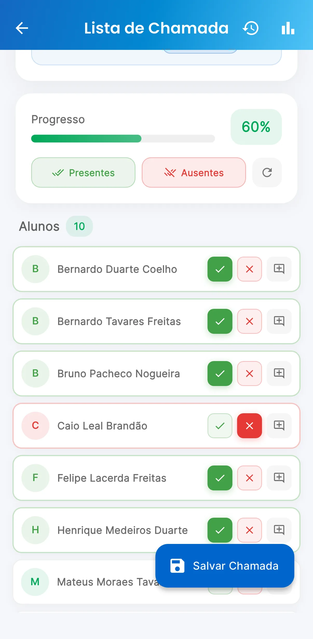 Chamada — Presentes e ausentes, com o progresso da turma (print do AppFUT)