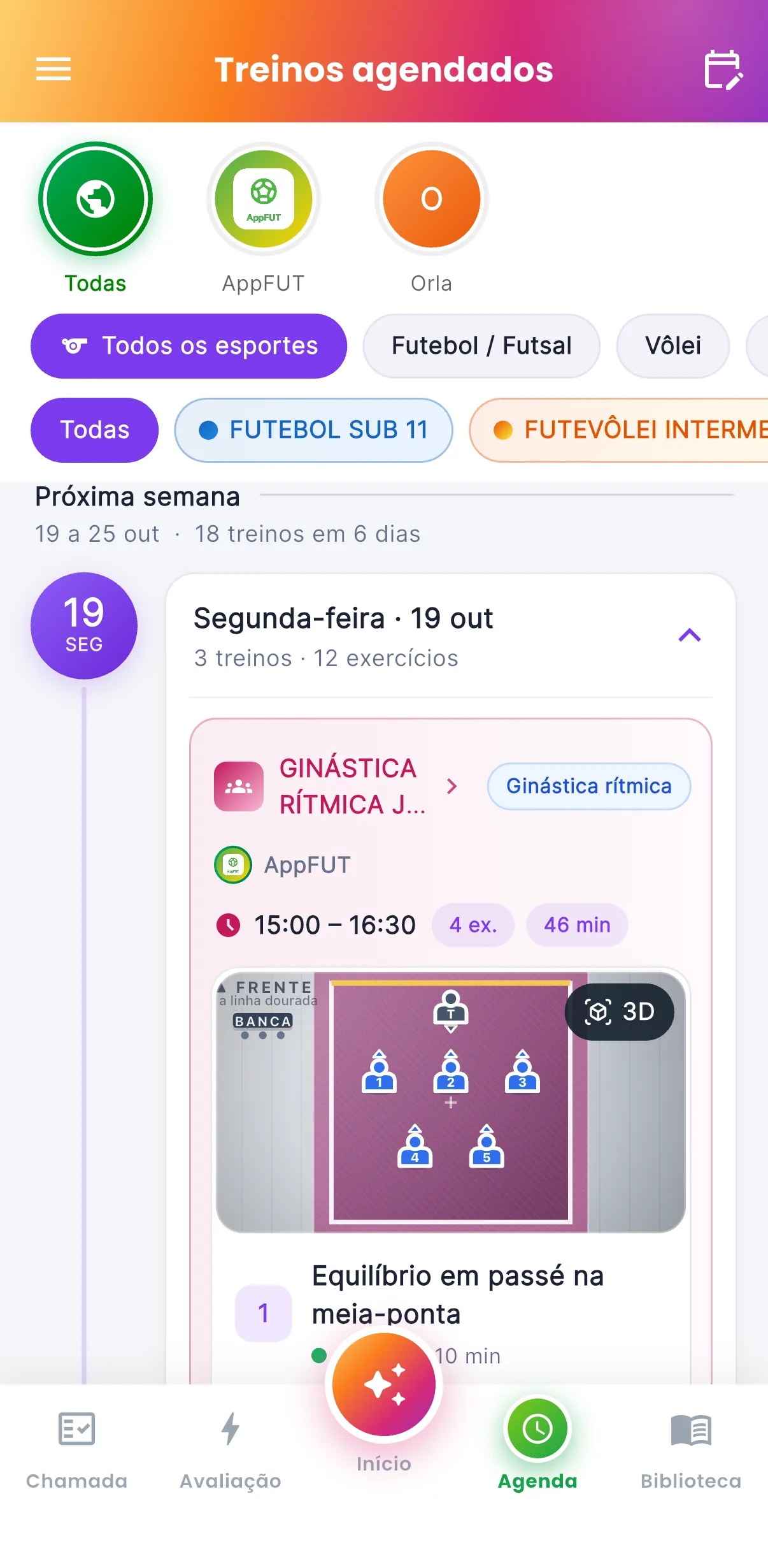 Treinos agendados — Todas as turmas da escola (print do AppFUT)