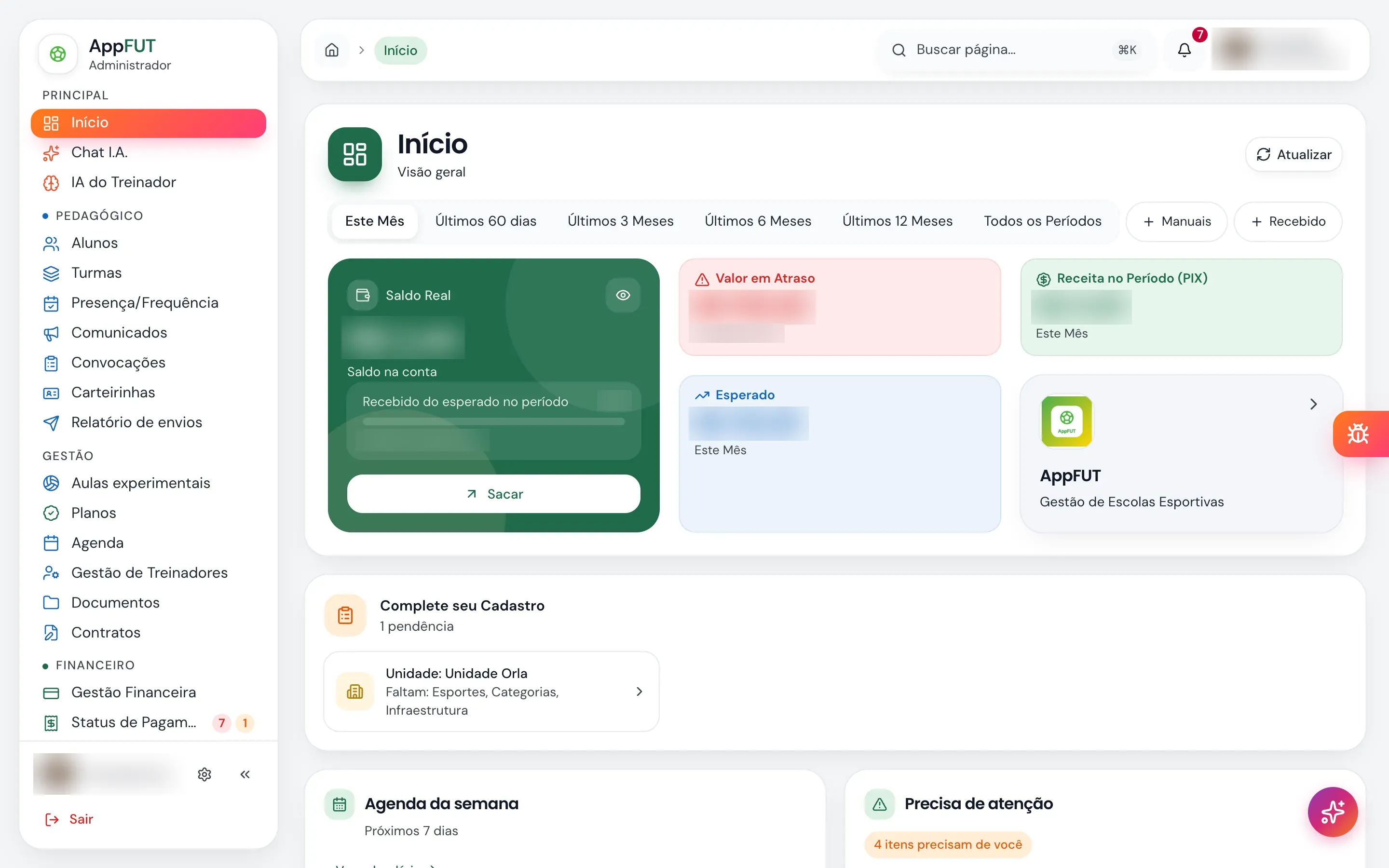 Sistema web: painel da escola — print do AppFUT