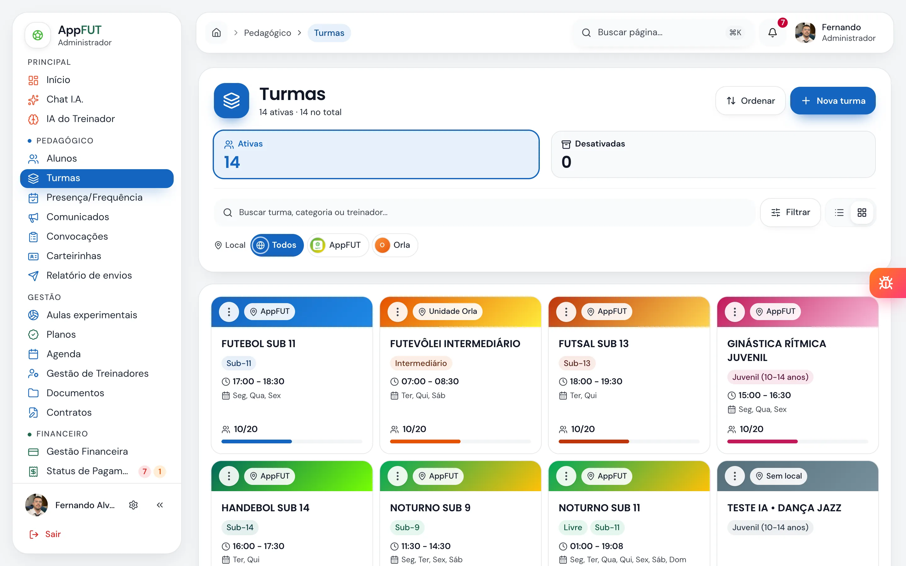 Sistema web: turmas — print do AppFUT