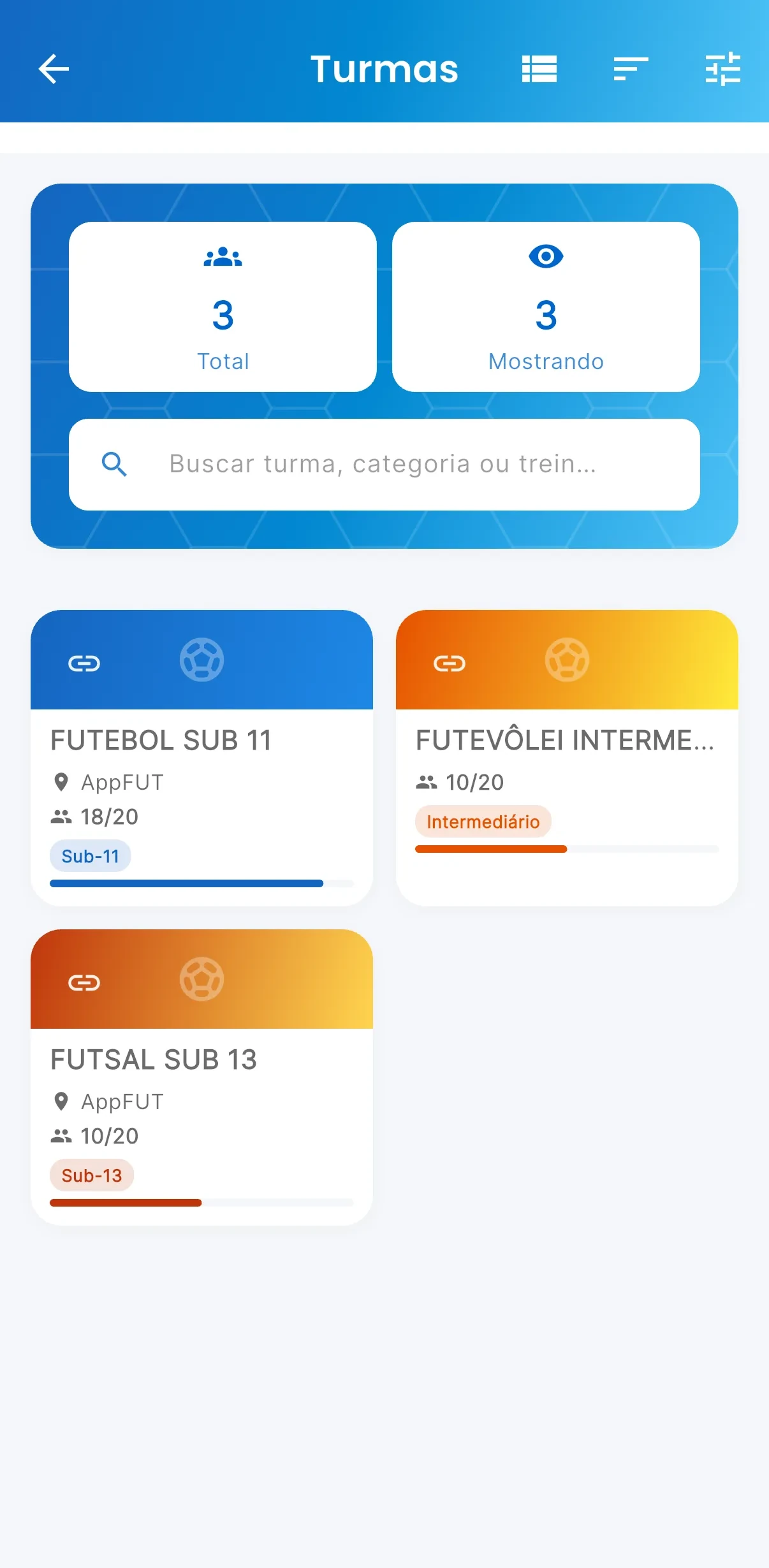 Turmas do treinador — print do AppFUT