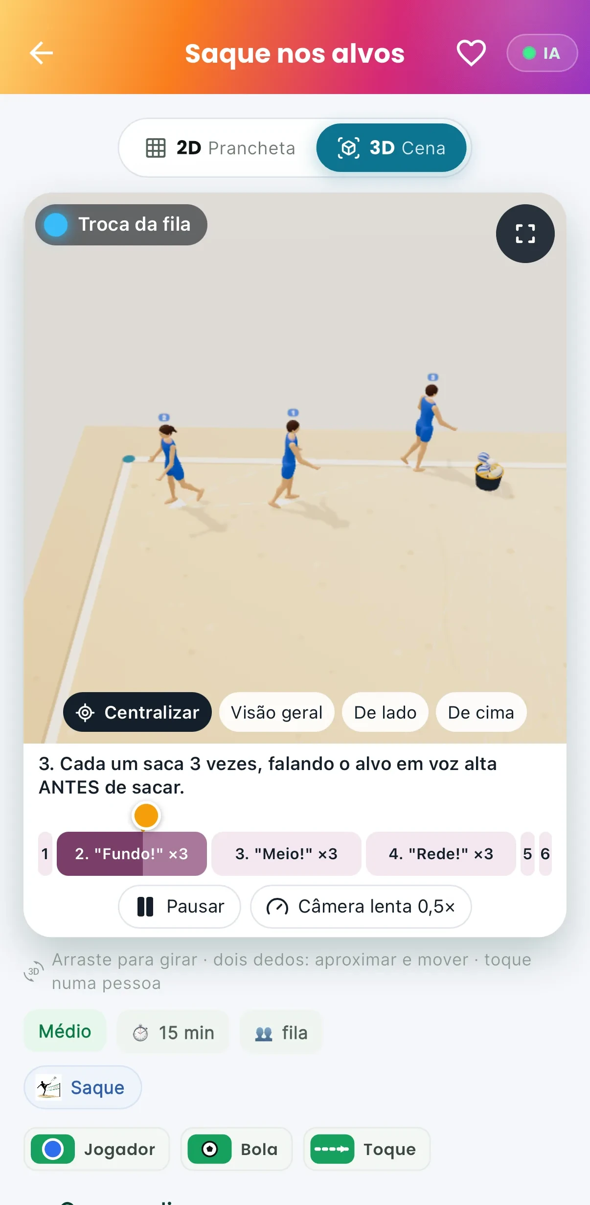 Exercício em 3D — Câmera livre e câmera lenta (print do AppFUT)