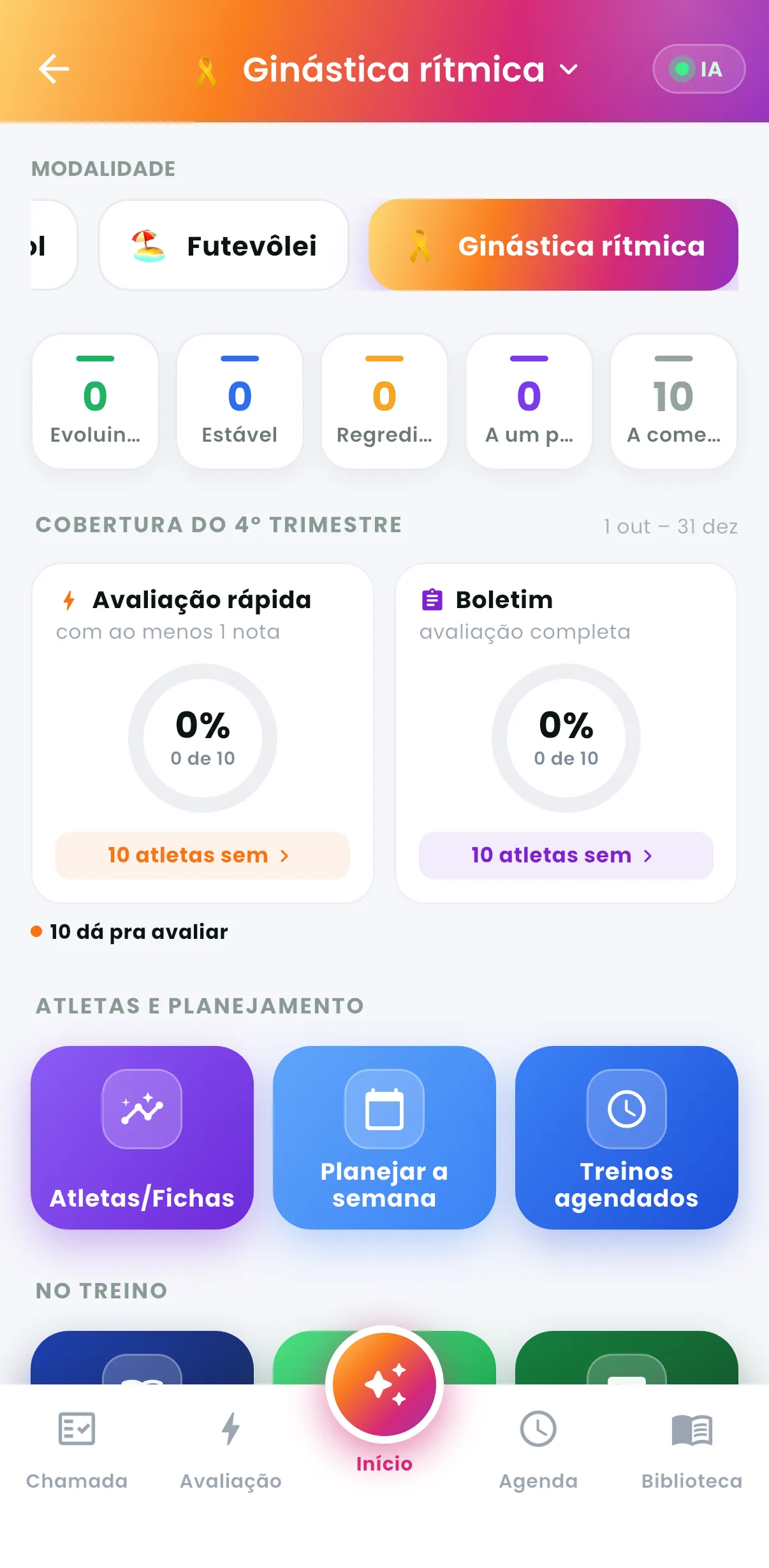 IA do Treinador — Painel do professor: evolução, avaliações e planejamento (print do AppFUT)