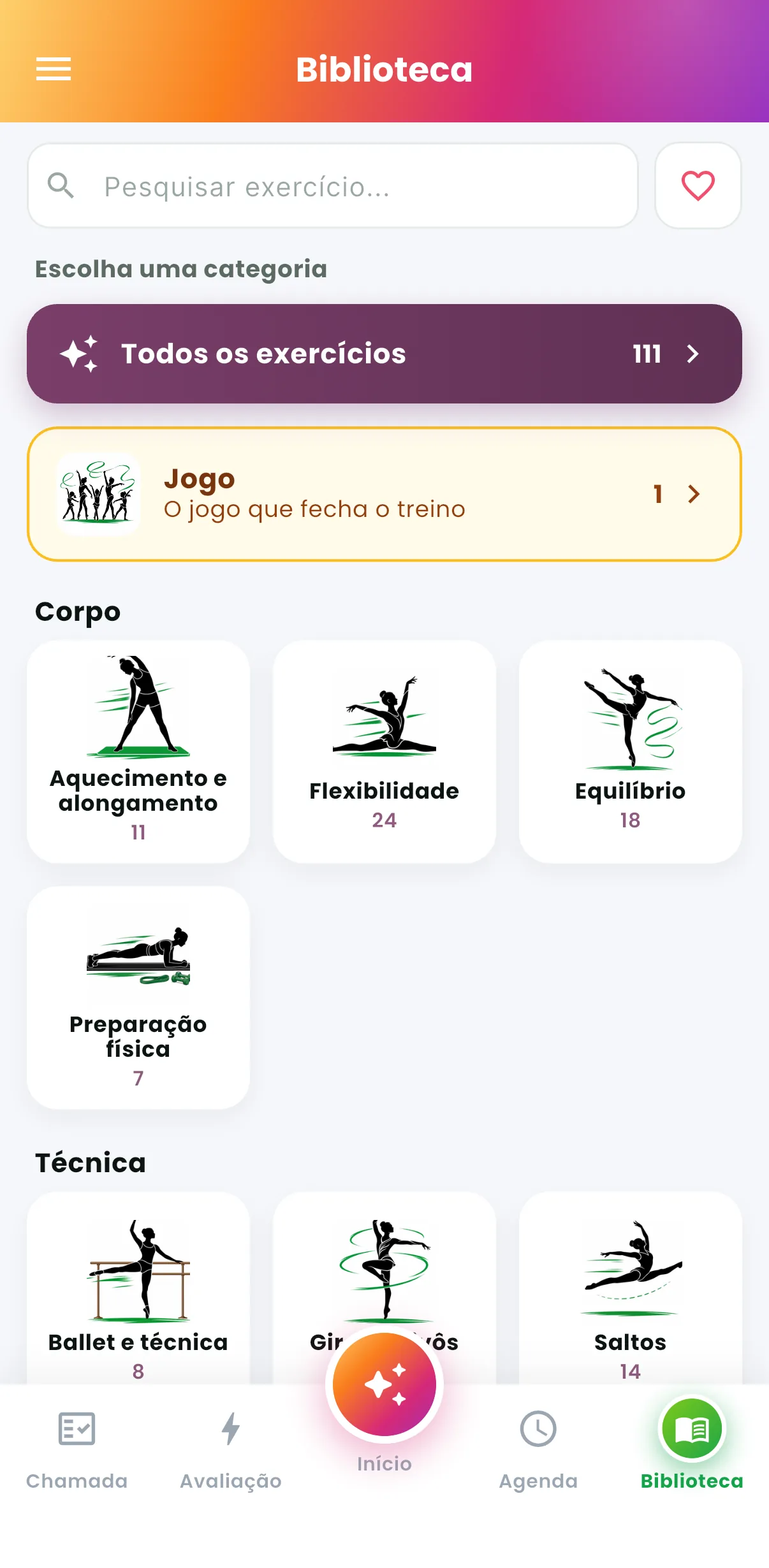 Biblioteca — Exercícios organizados por fundamento (print do AppFUT)